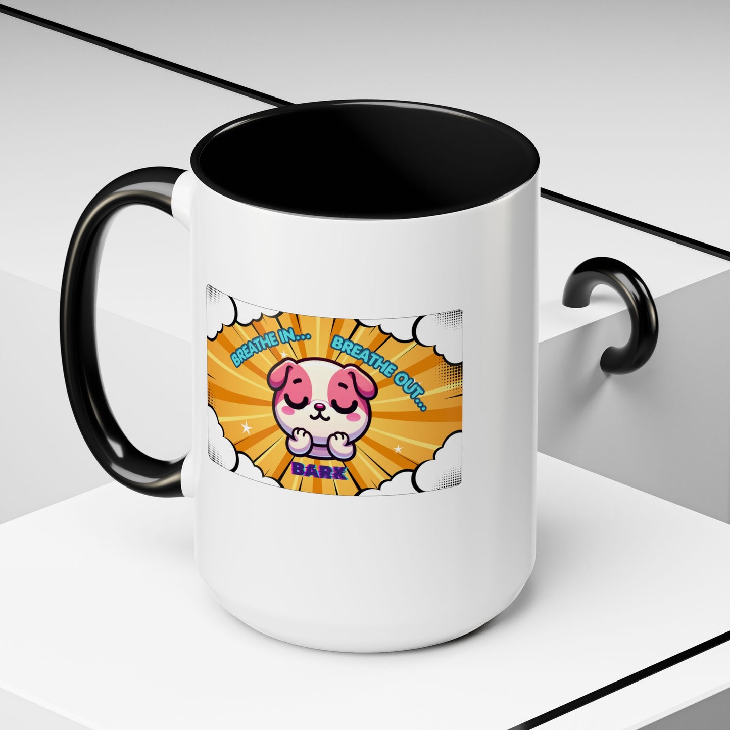 Stay Calm Pink Bulldog Kawaii Emote Coffee Mug — "Breathe In... Breathe Out... Bark"