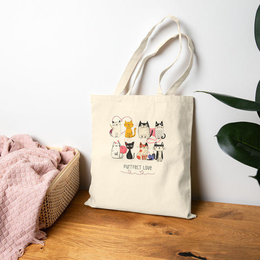 Canvas Tote Bag — "Purrfect Love" Cute Cat Illustration Tote for Cat Lovers