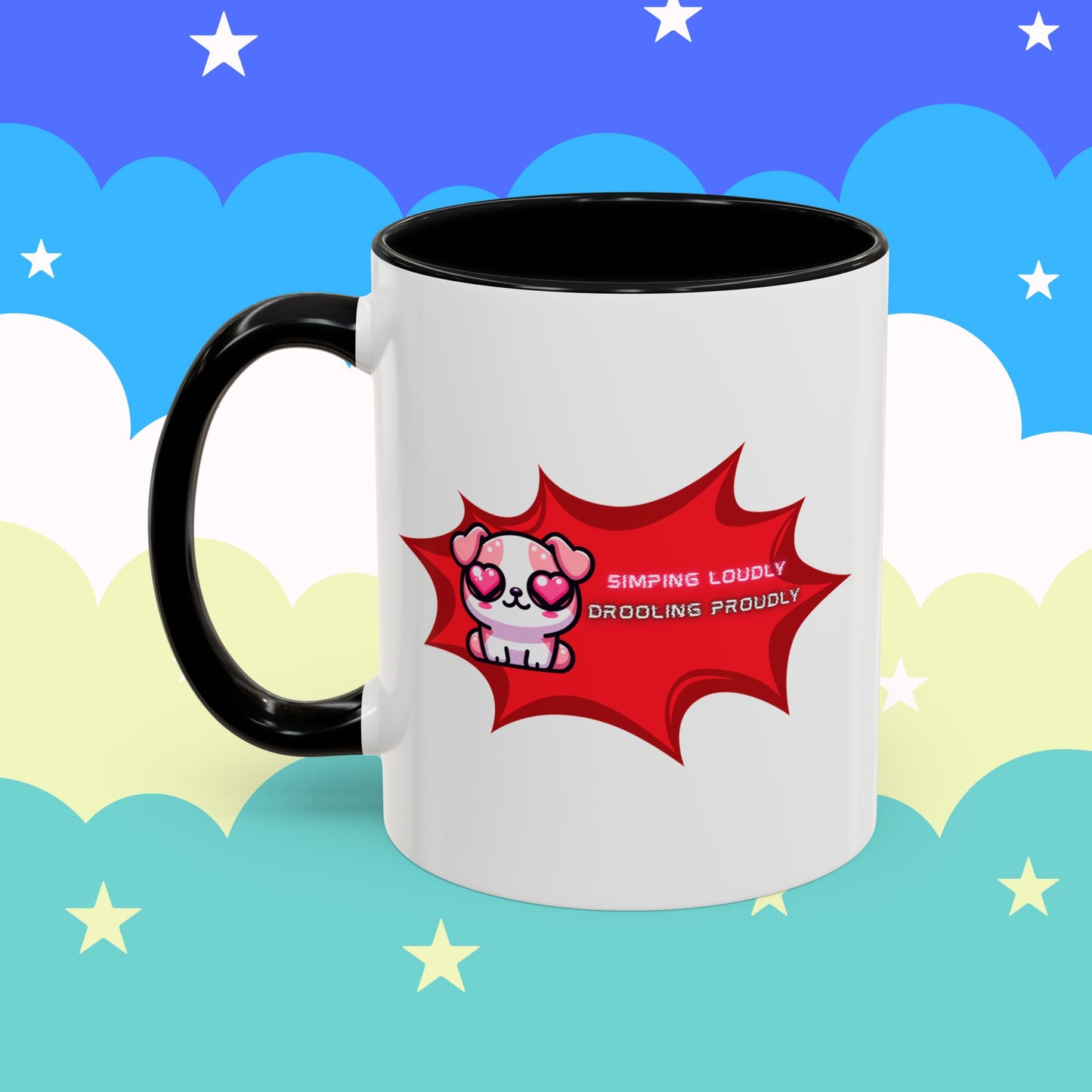 Cute Pink Bulldog Coffee Mug — “Simping Loudly, Drooling Proudly” Kawaii Heart-Eyed