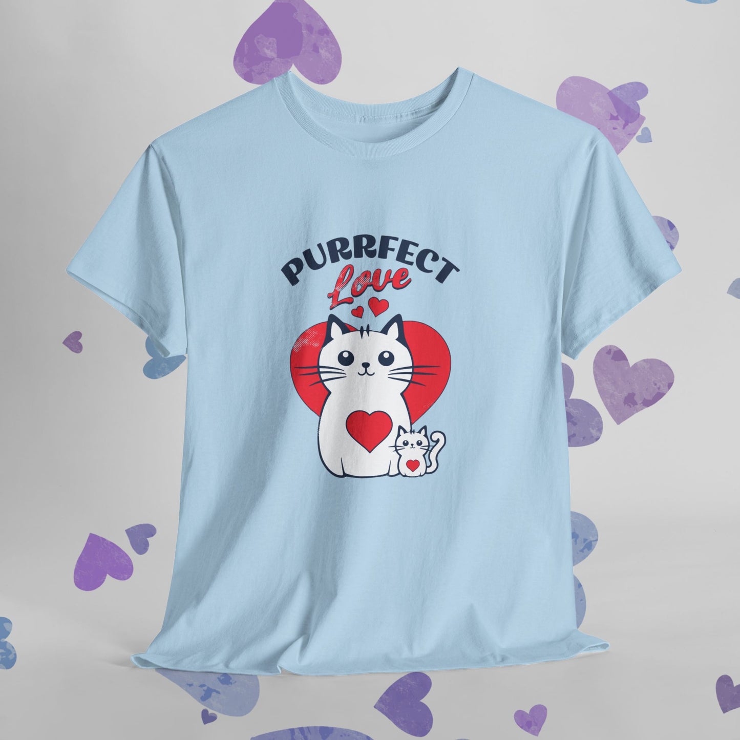 Purrfect Love Cat T-Shirt — Cute Heart Cat Graphic Tee for Cat Lovers, Valentine's Day Gift