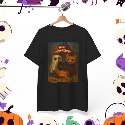 Happy Meow-lloween Unisex Tee, Halloween Cat T-Shirt, Cat Lover Shirt, Ghost and Cat Design, Cozy Fall Apparel, Spooky Season Clothing