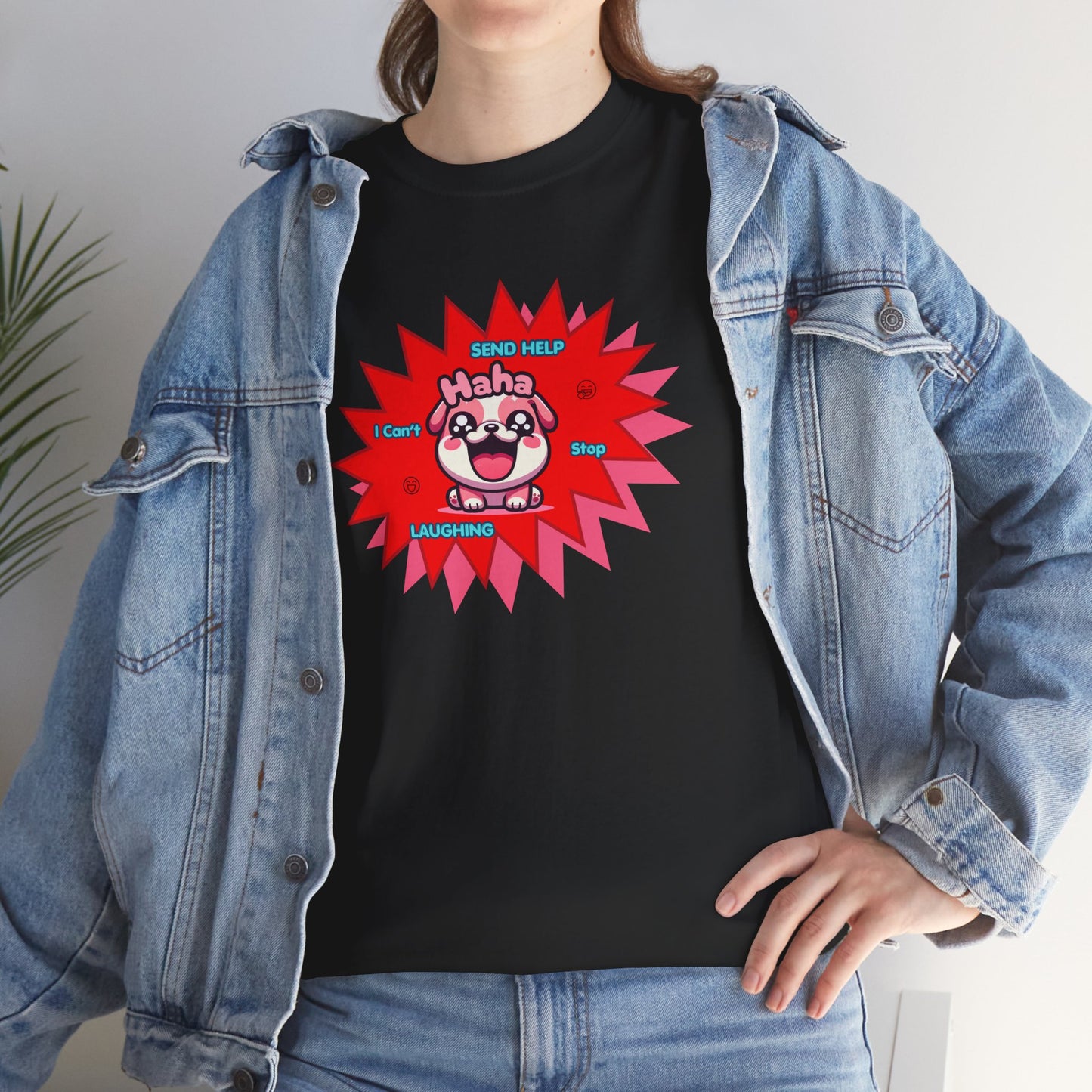 Laughing Pink Bulldog T-Shirt — "Help, I Can't Stop Laughing" Funny Emote Tee