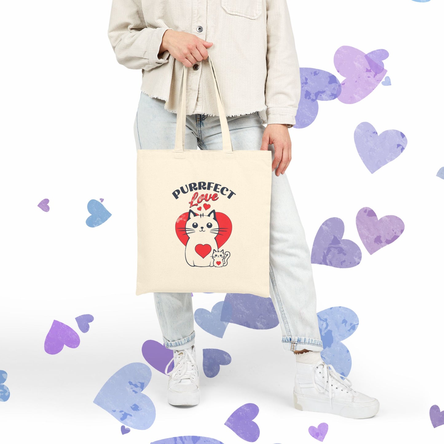 Purrfect Love Cat Tote Bag — Cute Heart Kitten Canvas Shopping Bag