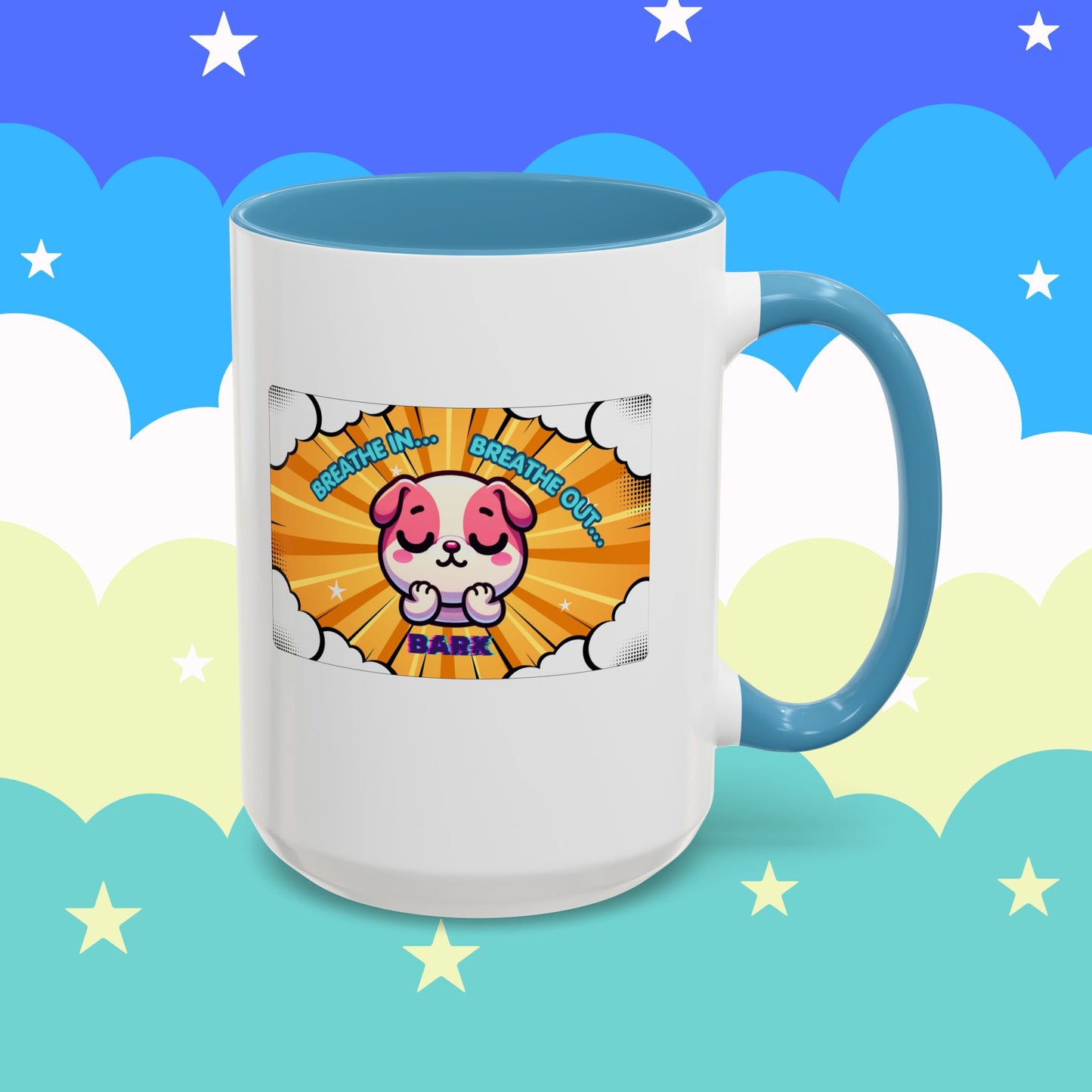 Stay Calm Pink Bulldog Kawaii Emote Coffee Mug — "Breathe In... Breathe Out... Bark"
