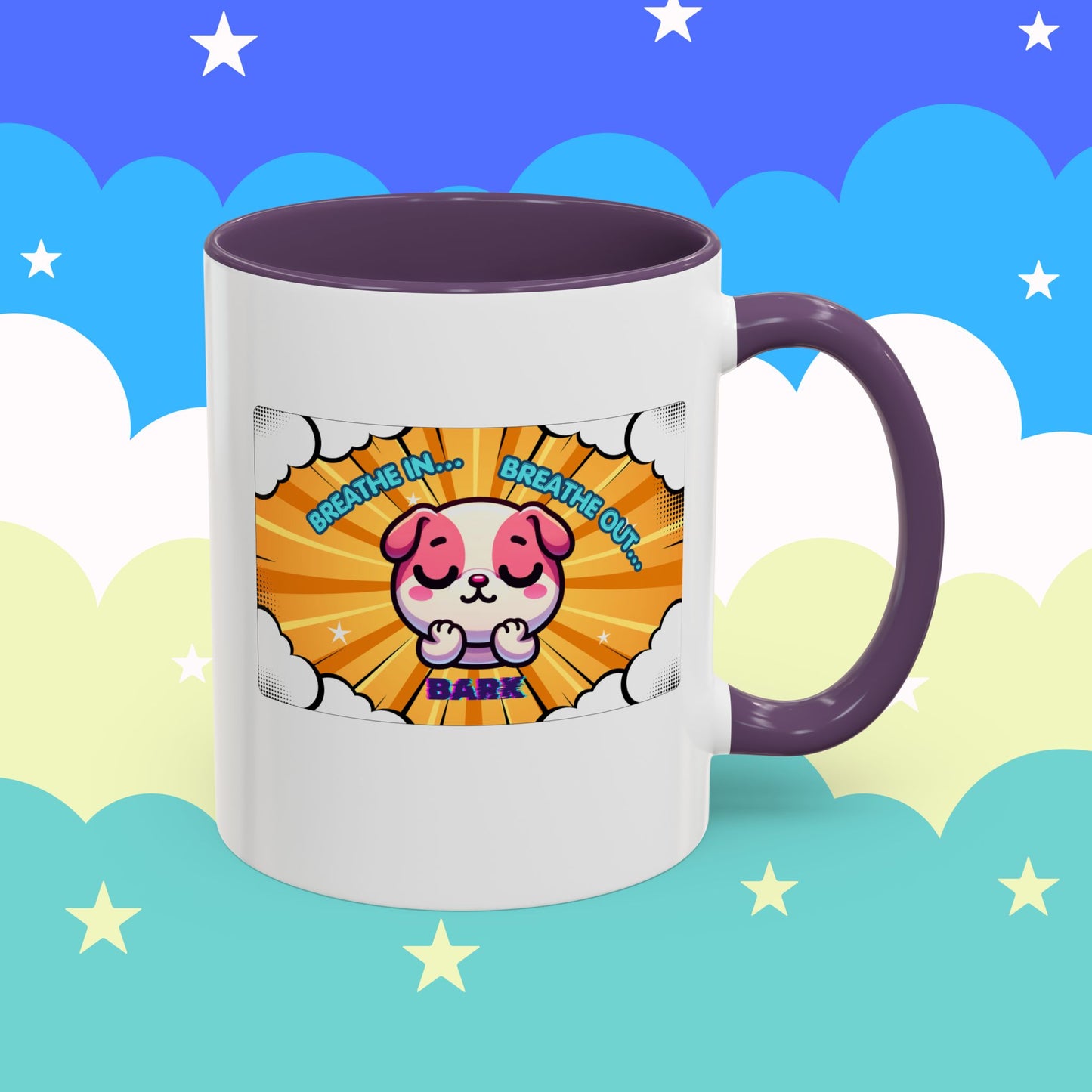 Stay Calm Pink Bulldog Kawaii Emote Coffee Mug — "Breathe In... Breathe Out... Bark"