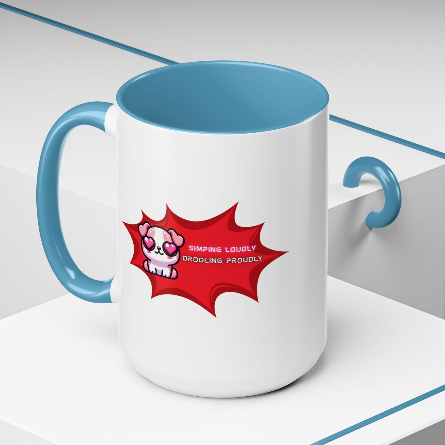 Cute Pink Bulldog Coffee Mug — “Simping Loudly, Drooling Proudly” Kawaii Heart-Eyed