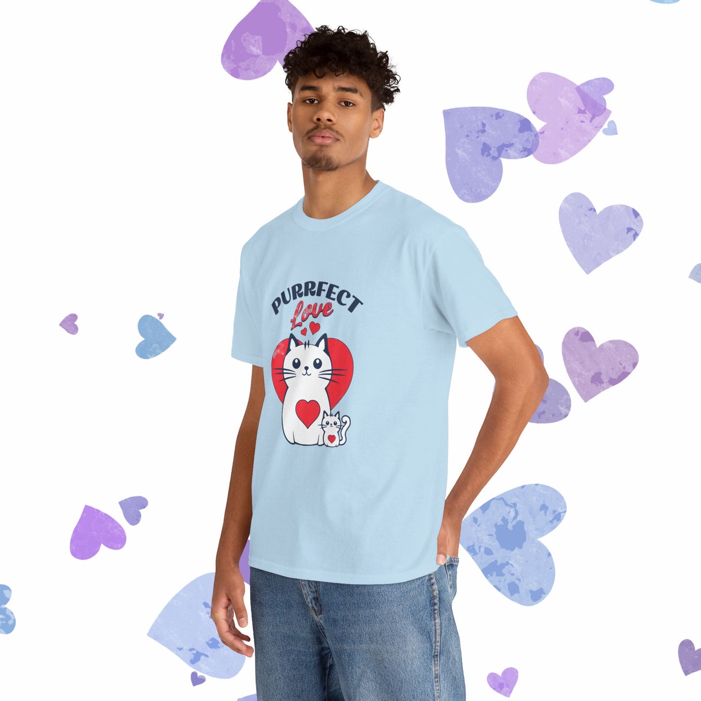 Purrfect Love Cat T-Shirt — Cute Heart Cat Graphic Tee for Cat Lovers, Valentine's Day Gift