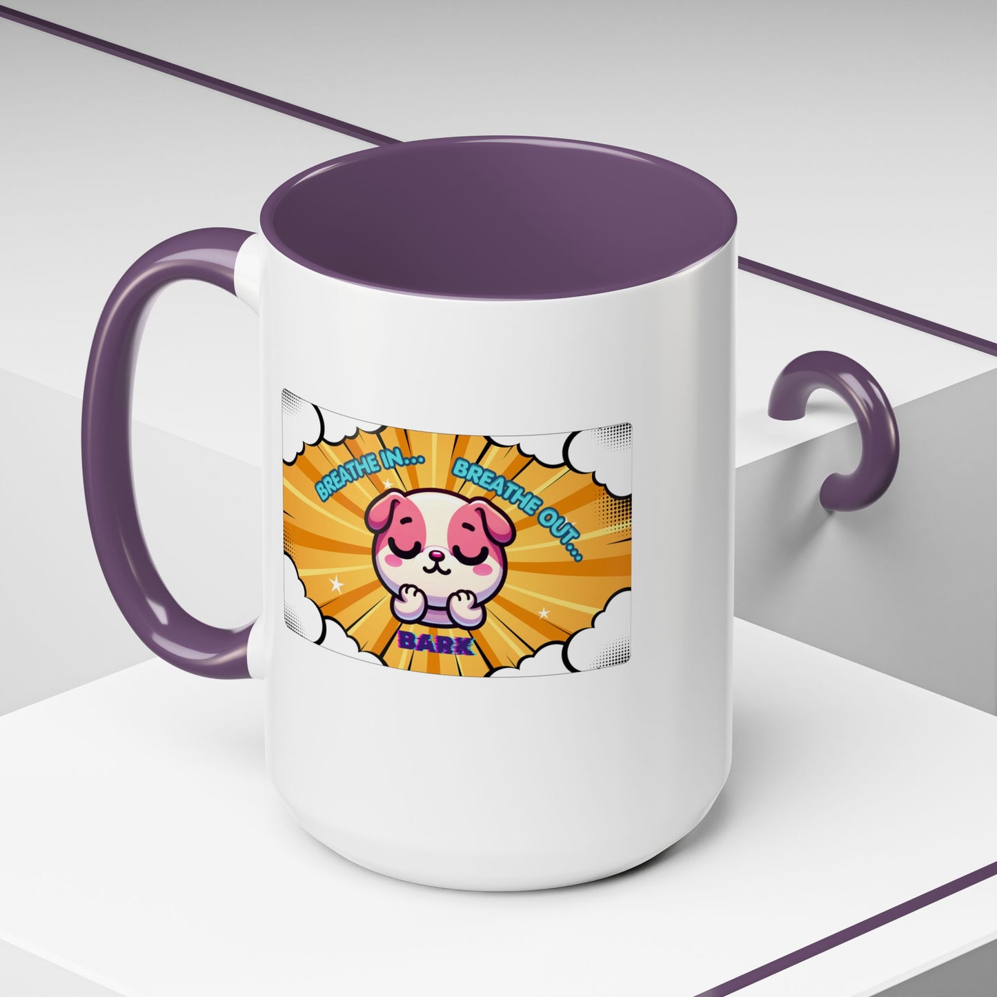 Stay Calm Pink Bulldog Kawaii Emote Coffee Mug — "Breathe In... Breathe Out... Bark"