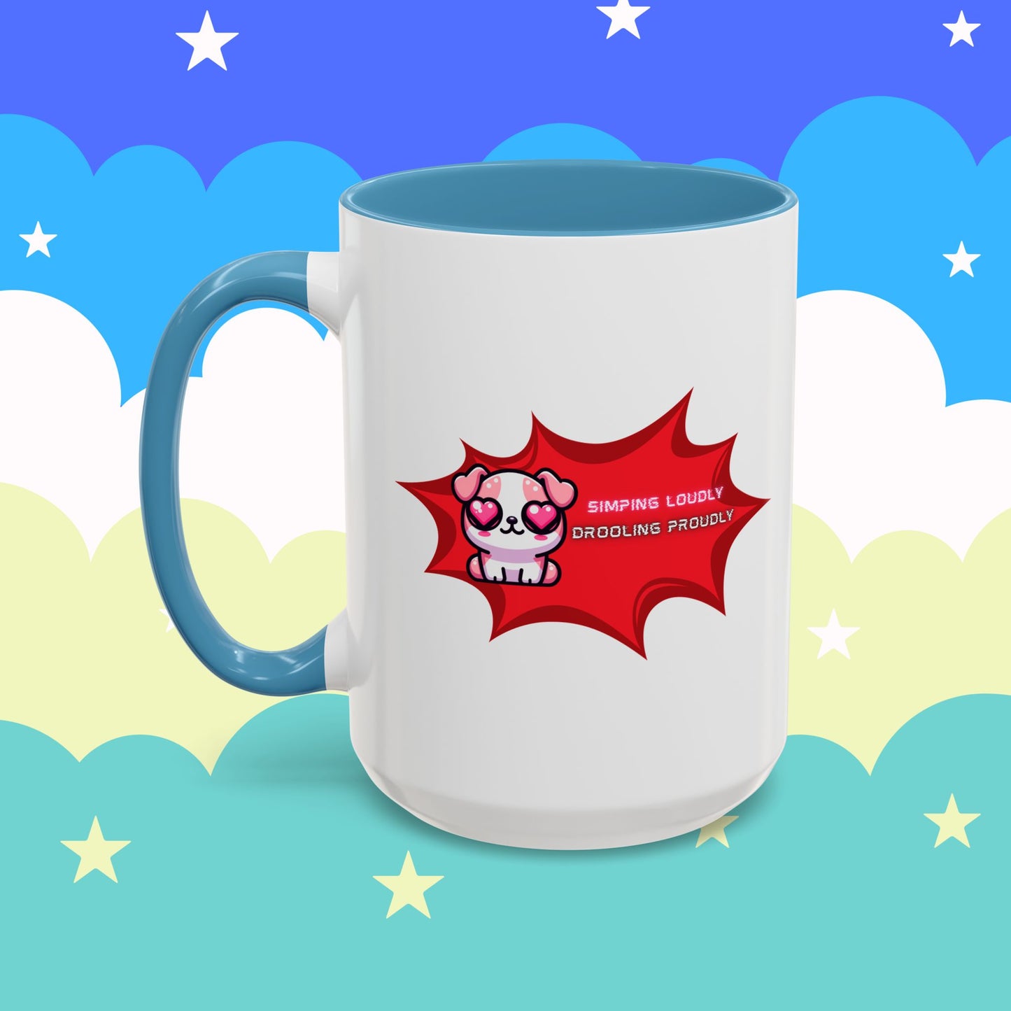 Cute Pink Bulldog Coffee Mug — “Simping Loudly, Drooling Proudly” Kawaii Heart-Eyed