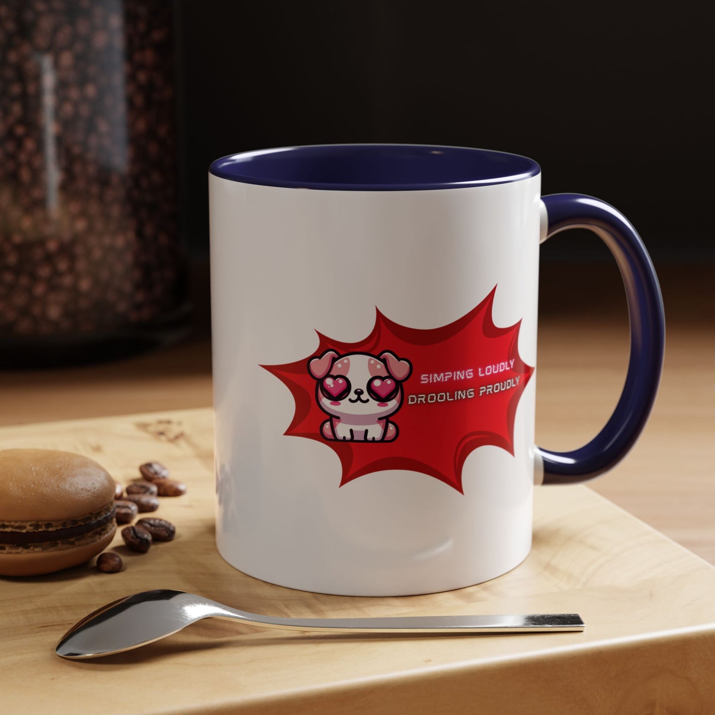 Cute Pink Bulldog Coffee Mug — “Simping Loudly, Drooling Proudly” Kawaii Heart-Eyed