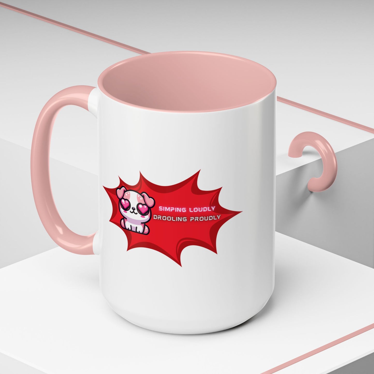 Cute Pink Bulldog Coffee Mug — “Simping Loudly, Drooling Proudly” Kawaii Heart-Eyed
