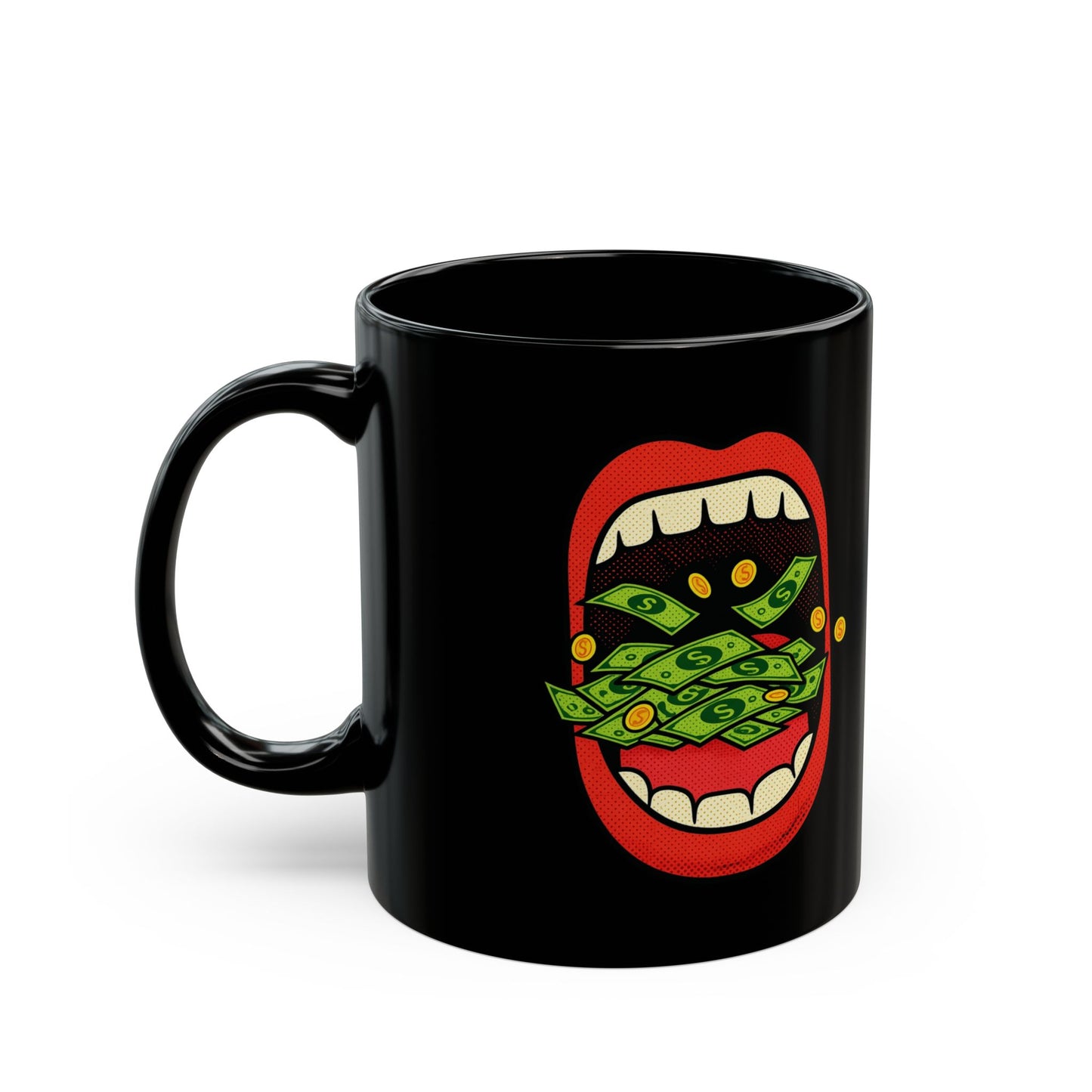 Money Mouth Mug — "Eating Prosperity" Black Coffee Cup with Cash-Throwing Lips (11oz, 15oz)