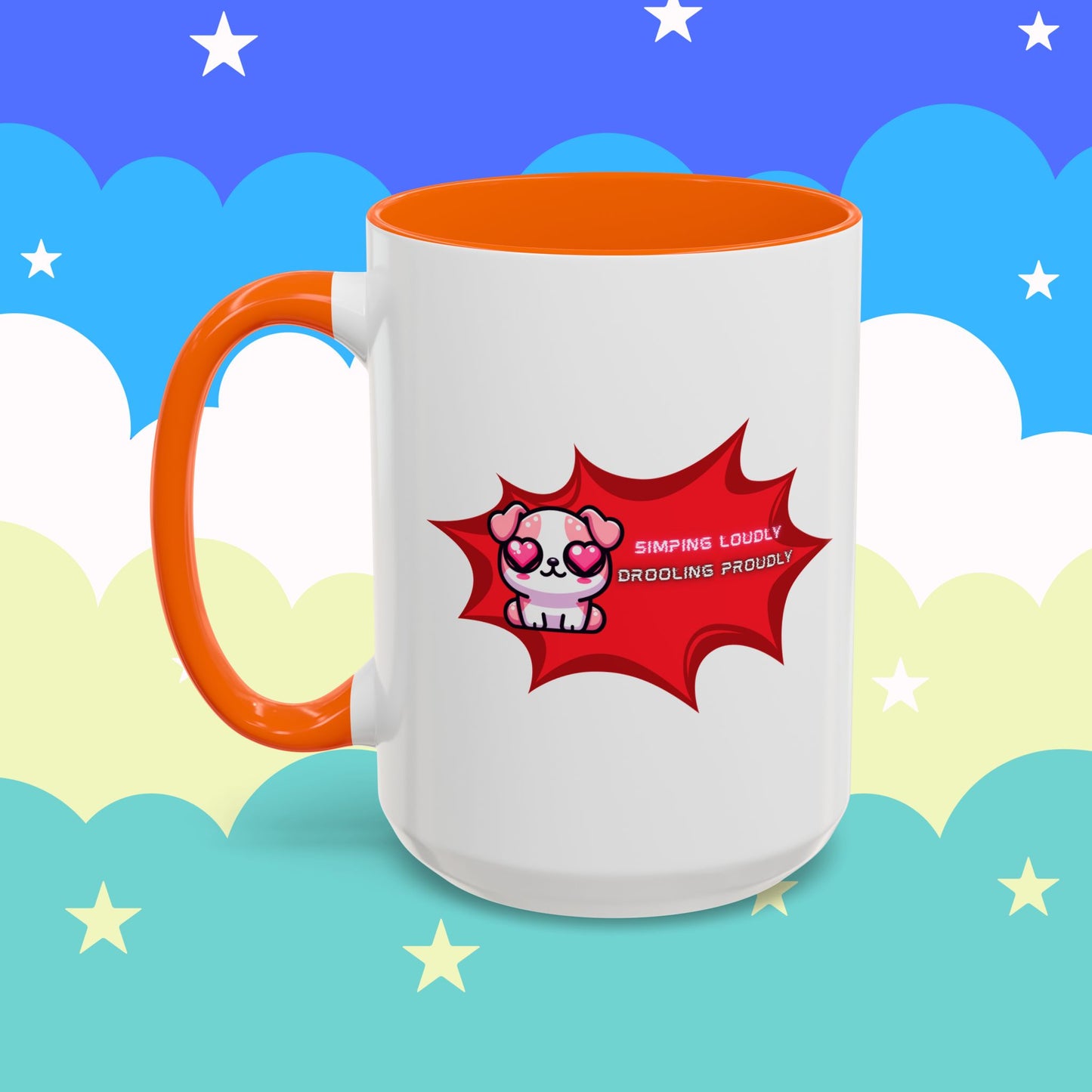 Cute Pink Bulldog Coffee Mug — “Simping Loudly, Drooling Proudly” Kawaii Heart-Eyed