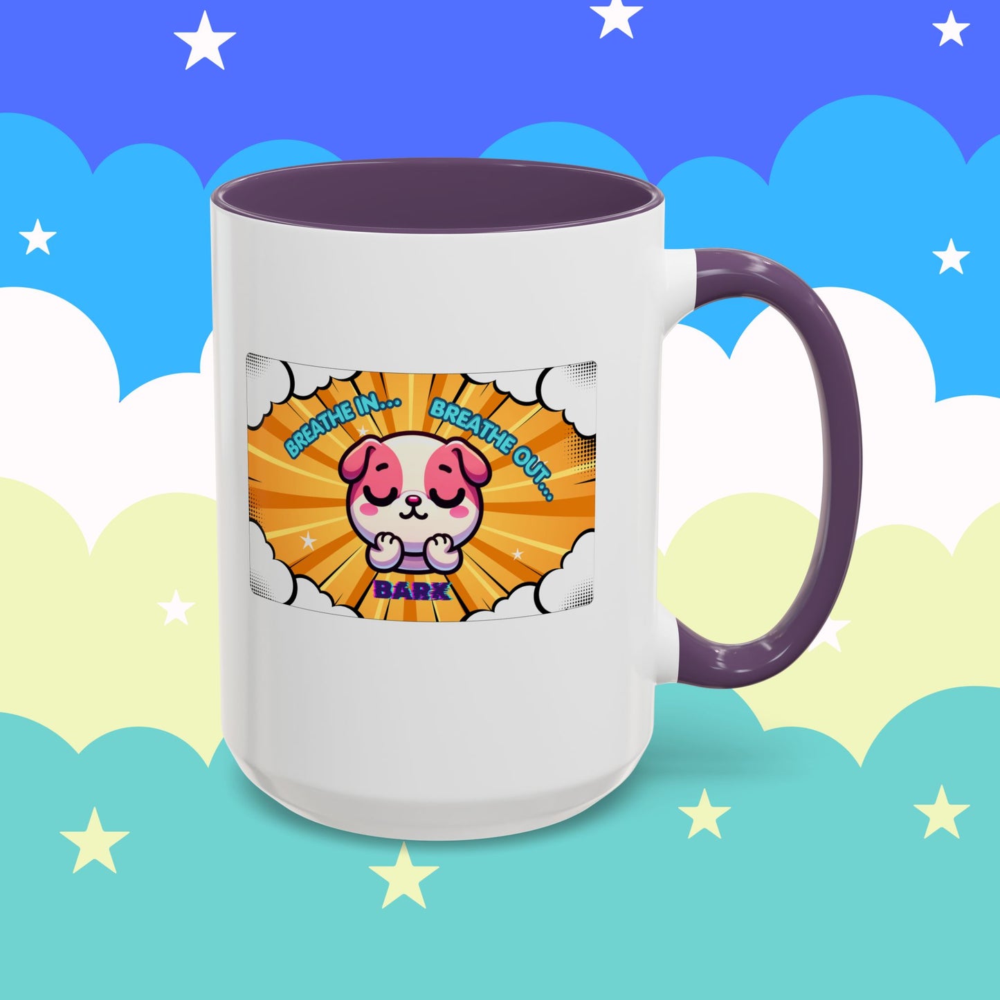 Stay Calm Pink Bulldog Kawaii Emote Coffee Mug — "Breathe In... Breathe Out... Bark"