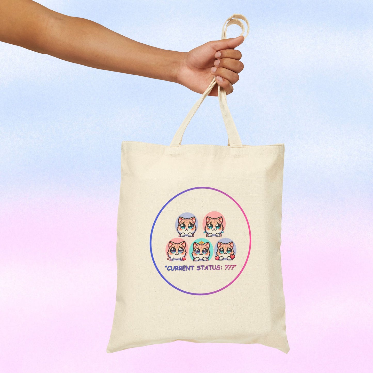 Cat Mood Tote Bag — Cute Kawaii Cat Faces "Current Status: ???" Canvas Tote