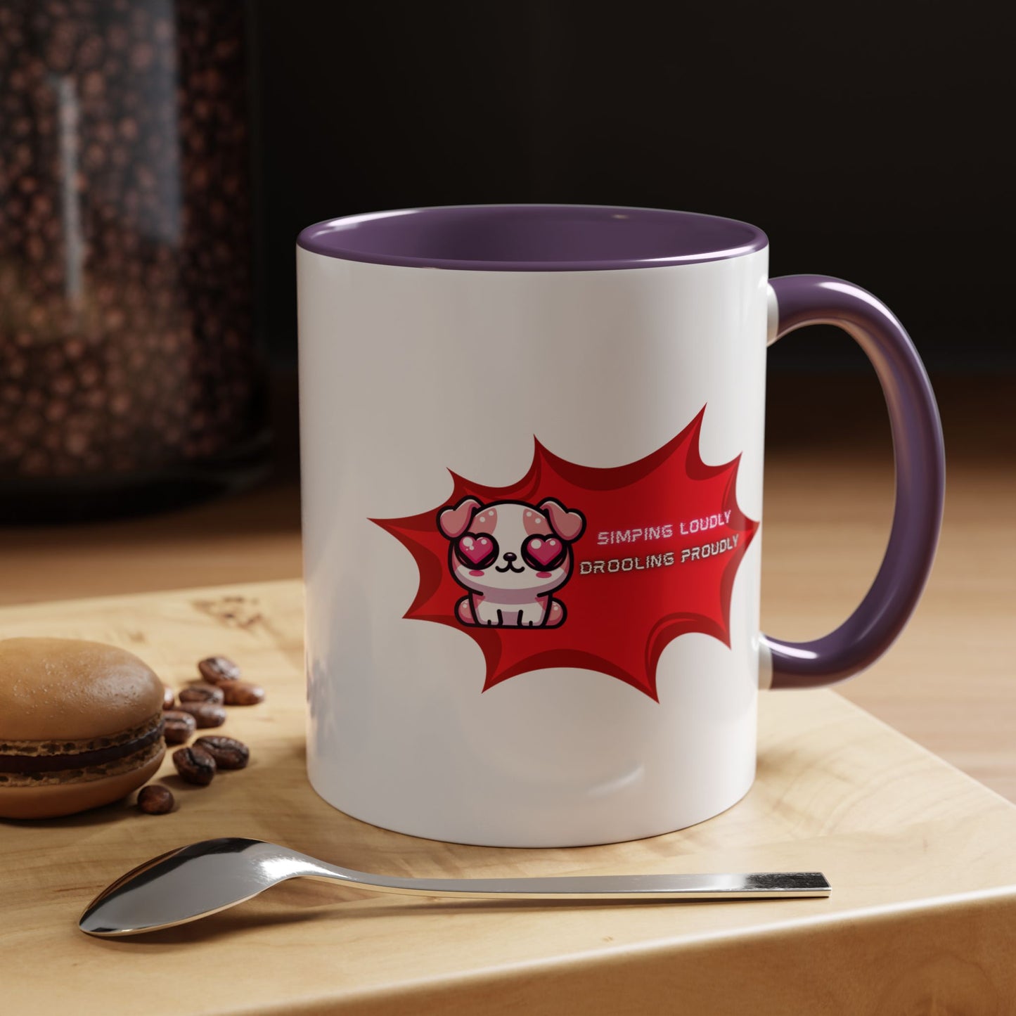 Cute Pink Bulldog Coffee Mug — “Simping Loudly, Drooling Proudly” Kawaii Heart-Eyed