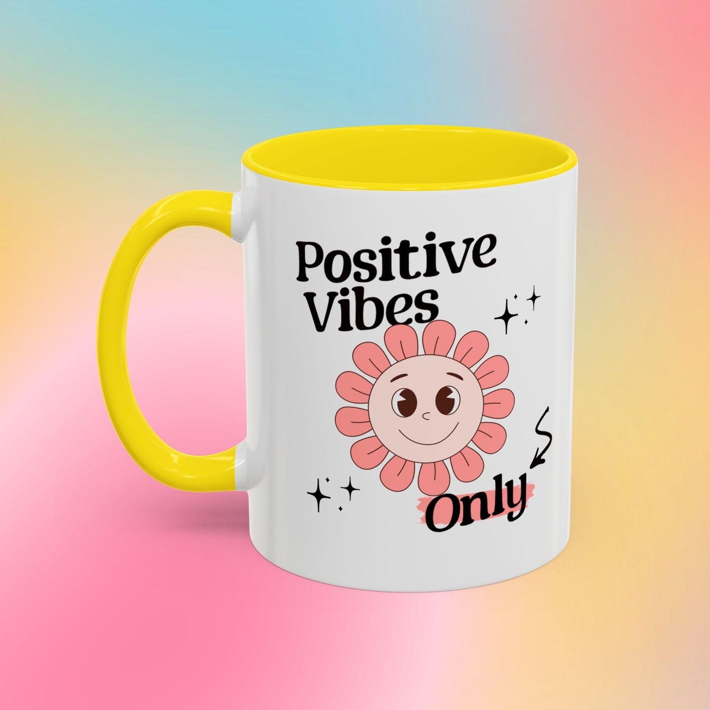 Retro Smiling Pink Flower Accent Coffee Mug — "Positive Vibes Only"
