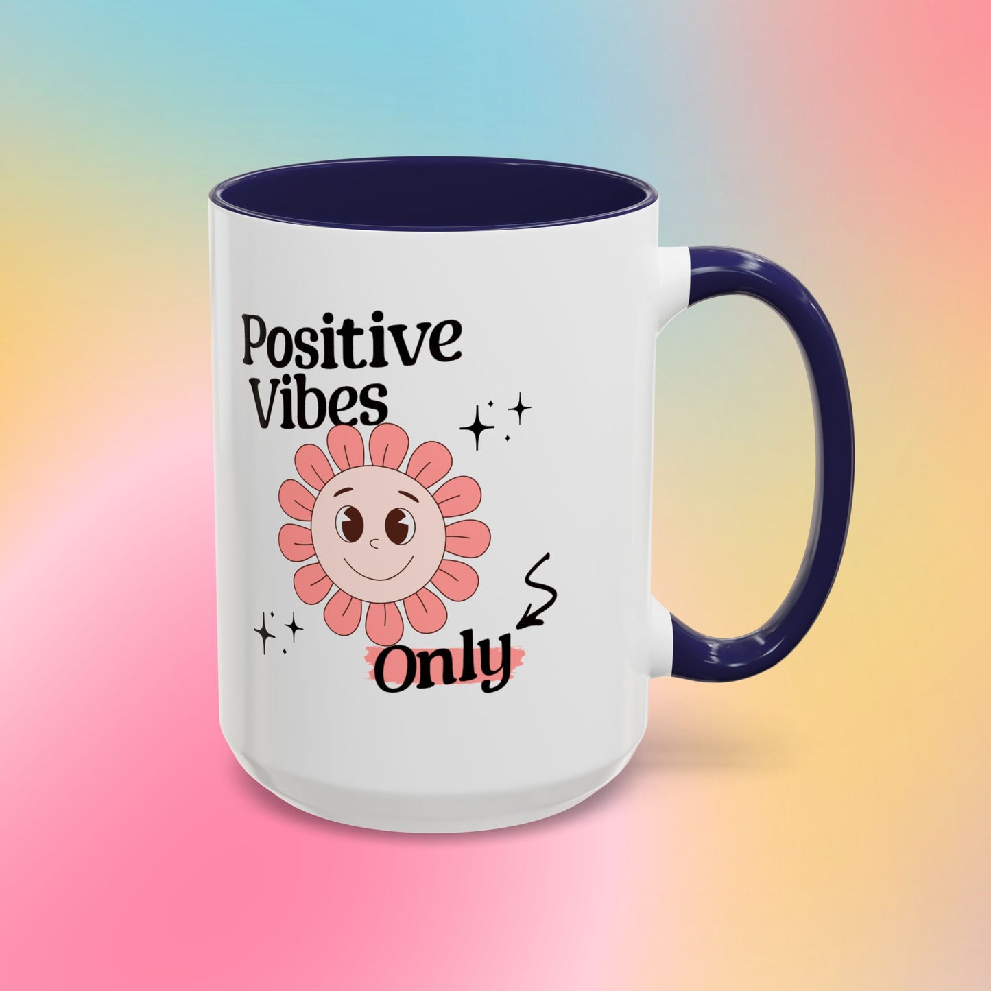 Retro Smiling Pink Flower Accent Coffee Mug — "Positive Vibes Only"