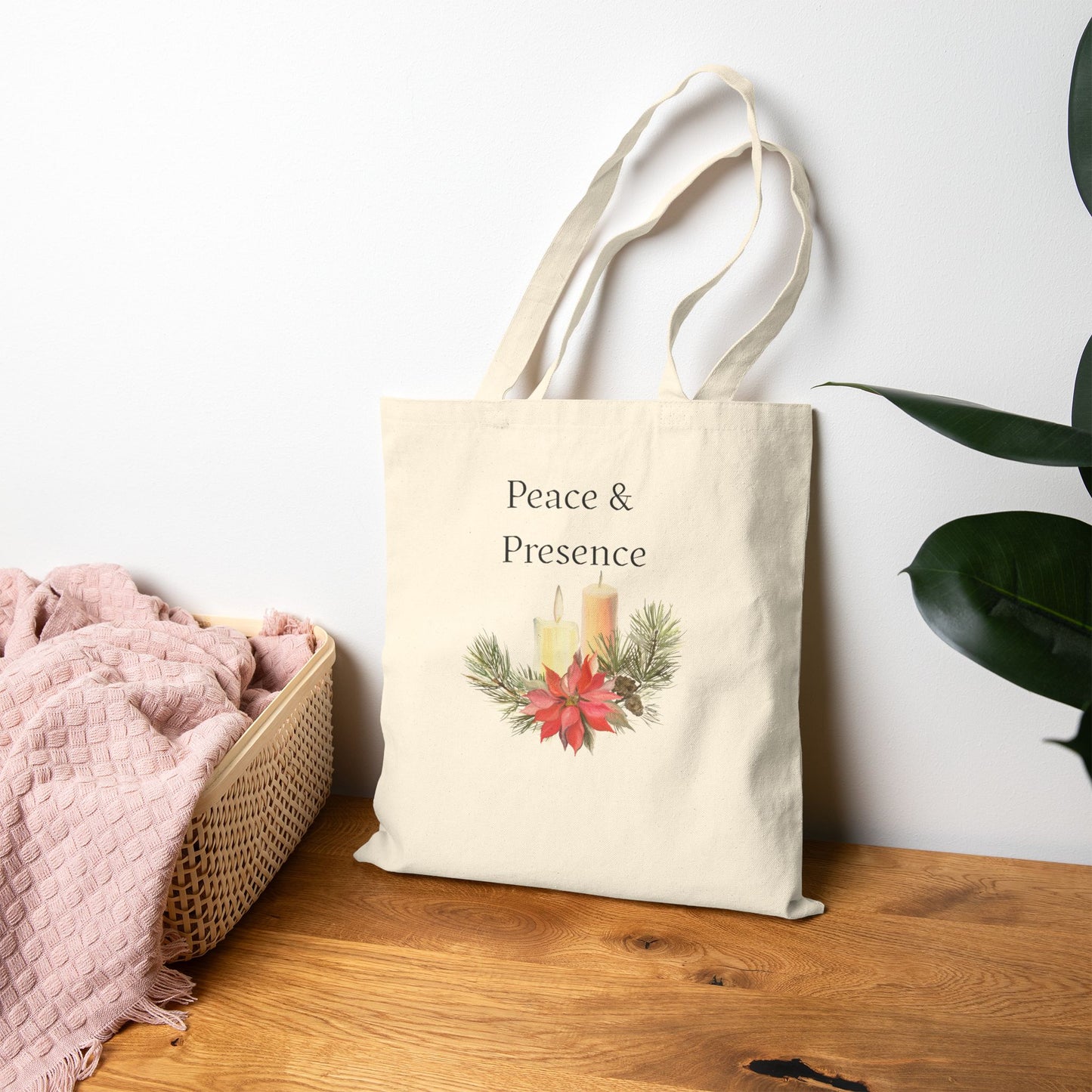 Tote Bag — "Peace & Presence" Holiday Candle Poinsettia Canvas Tote, Cozy Christmas Aesthetic