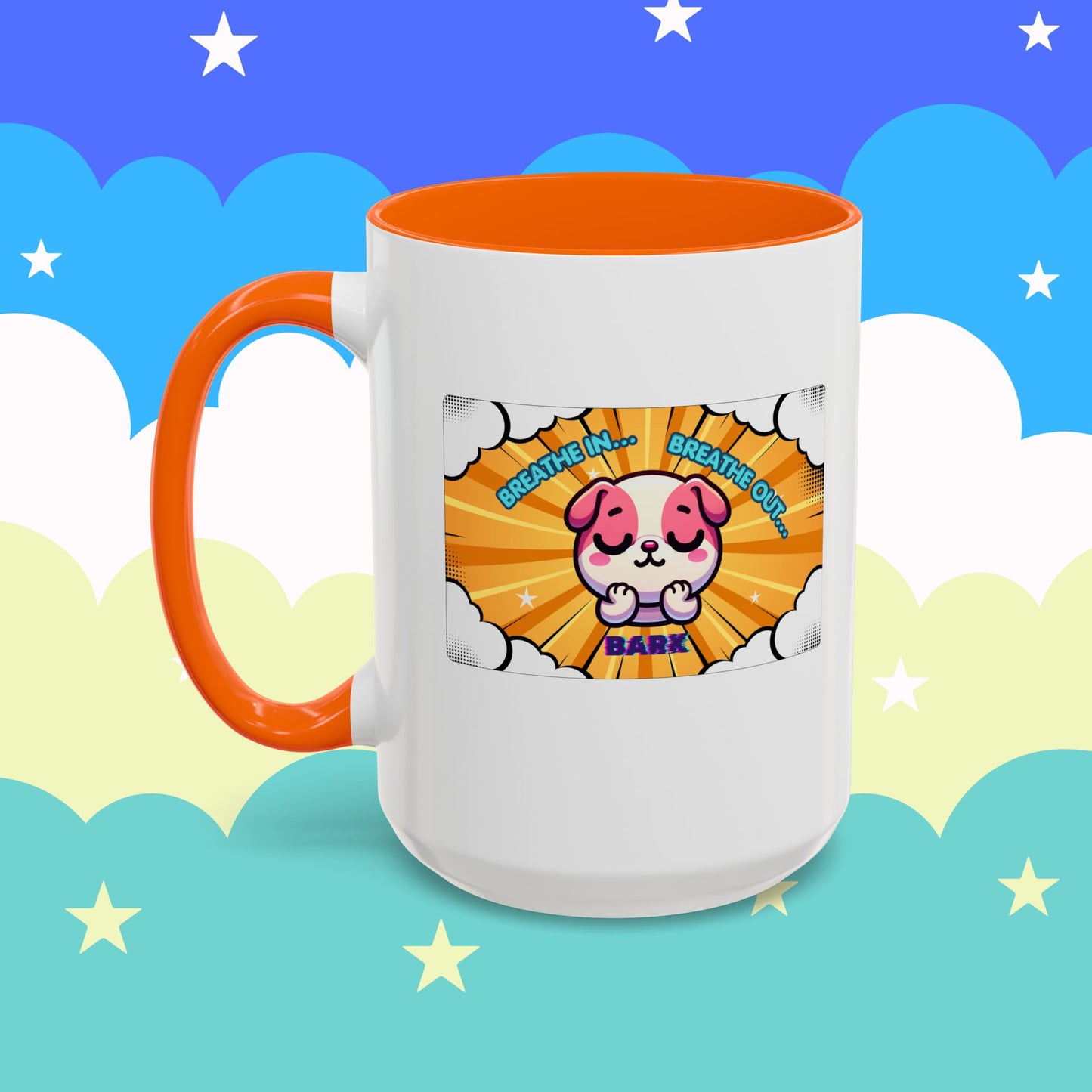 Stay Calm Pink Bulldog Kawaii Emote Coffee Mug — "Breathe In... Breathe Out... Bark"