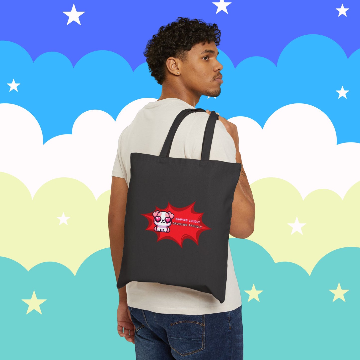 Kawaii Heart-Eyed Bulldog Tote — “Simping Loudly, Drooling Proudly” Cotton Canvas Bag