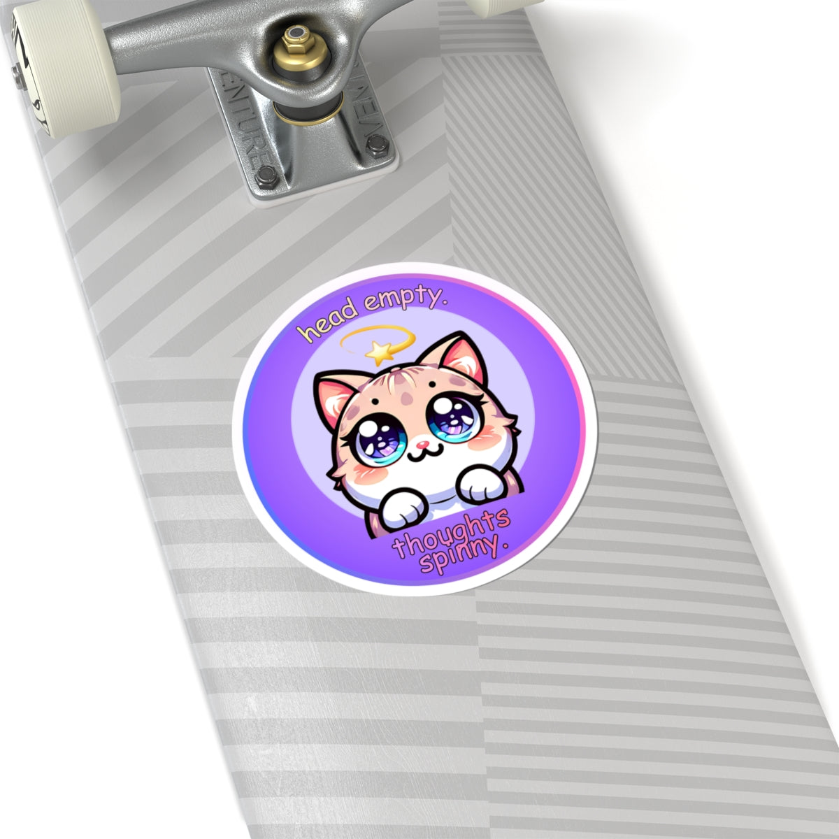 Kawaii Cat Sticker — "Head Empty, Thoughts Spinny" Round Kiss-Cut Vinyl Sticker