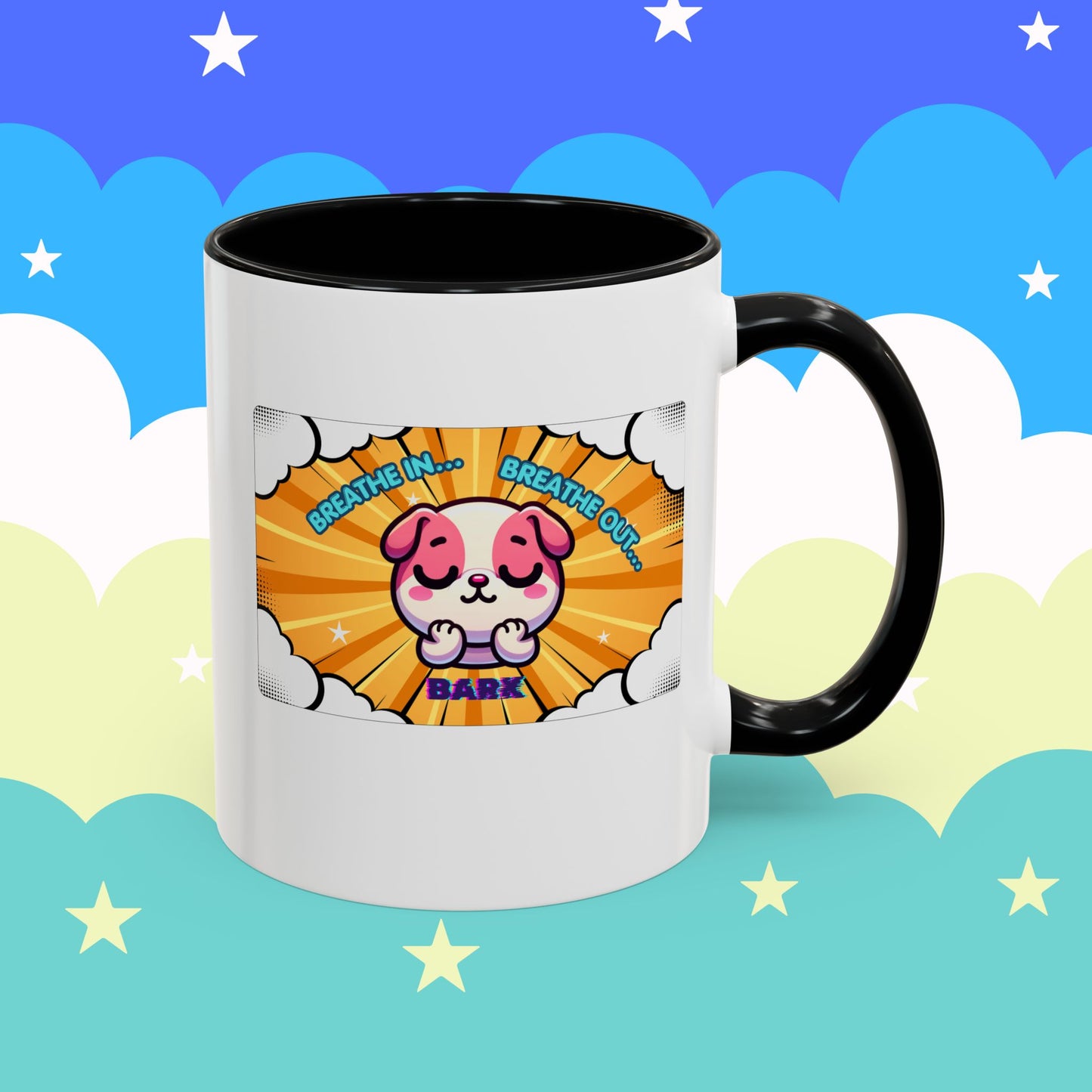 Stay Calm Pink Bulldog Kawaii Emote Coffee Mug — "Breathe In... Breathe Out... Bark"