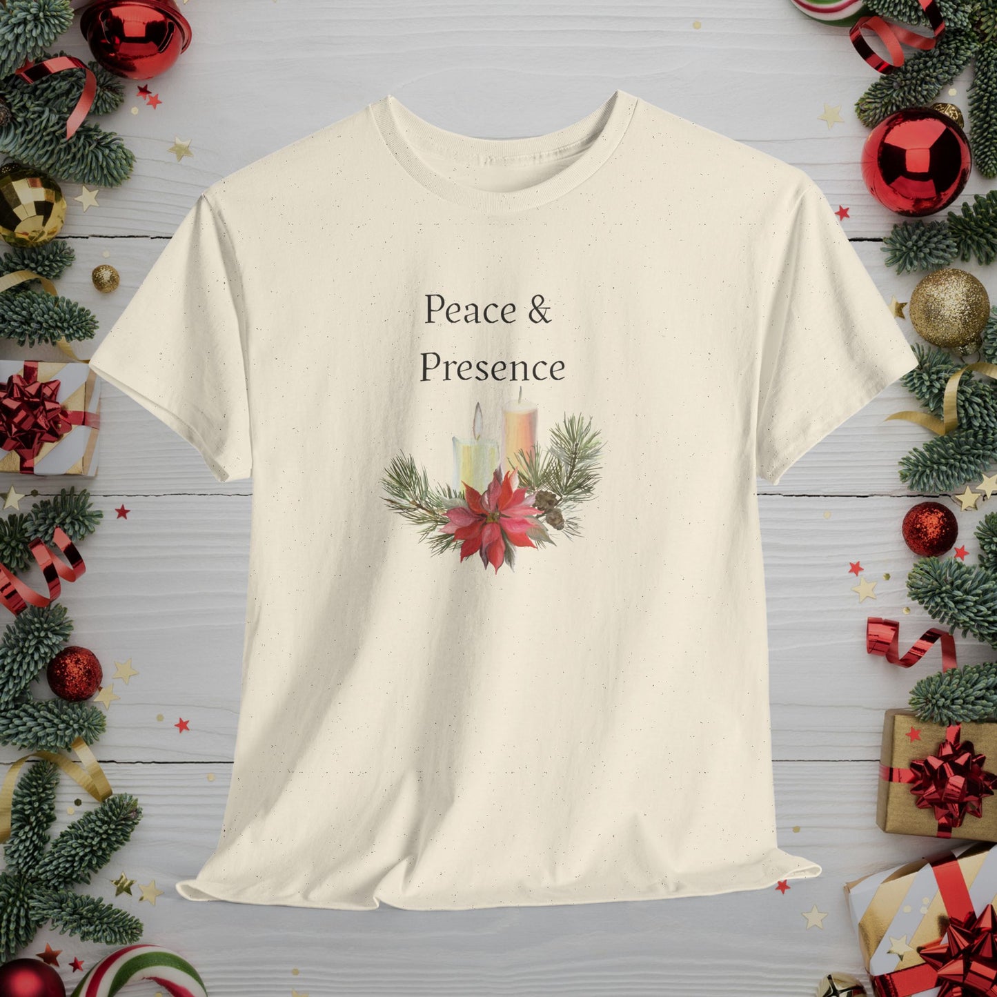 Peace & Presence Cozy Tee — Holiday Floral Christmas T‑Shirt, Cozy Christmas Aesthetic