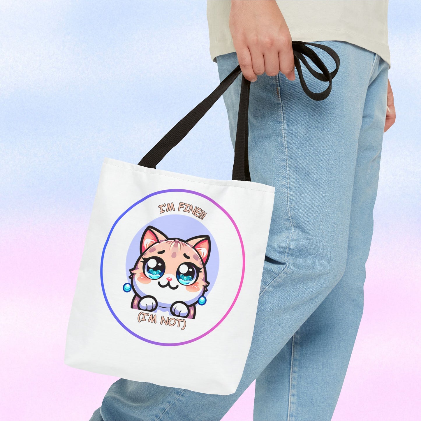 Cute Kawaii Cat Meltdown Emote Tote Bag — "I’m Fine(I'm Not)" Graphic Tote