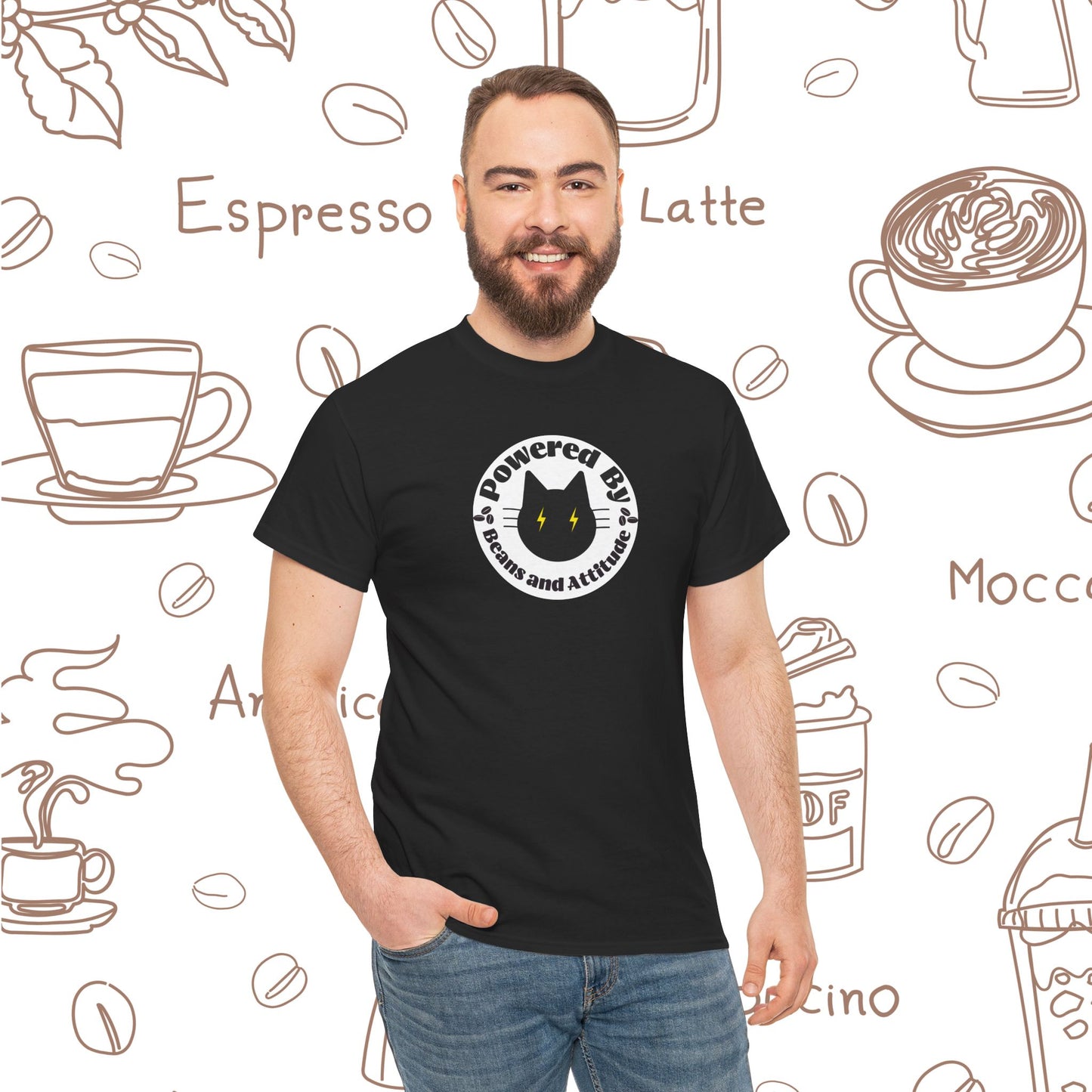 Powered By Beans & Attitude - Coffee Cat graphic tee | minimalist coffee cat illustration, pet lover shirt