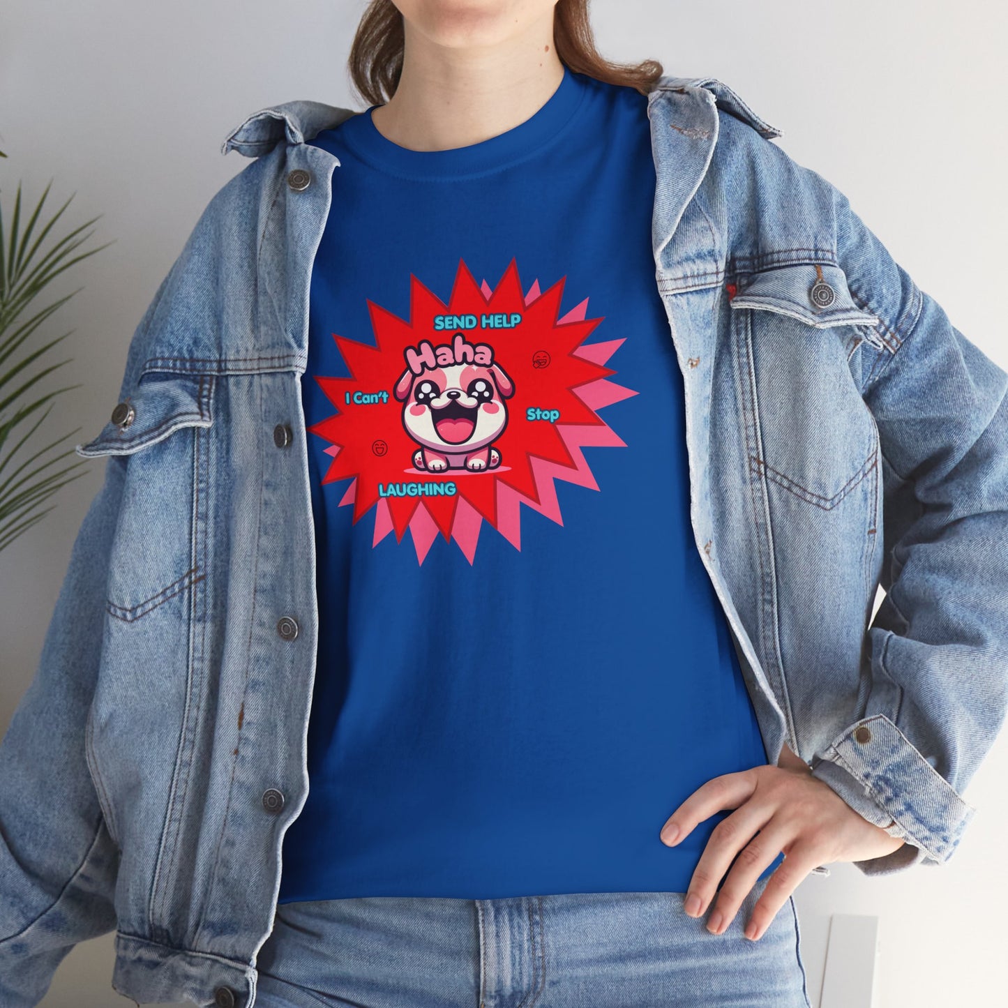 Laughing Pink Bulldog T-Shirt — "Help, I Can't Stop Laughing" Funny Emote Tee
