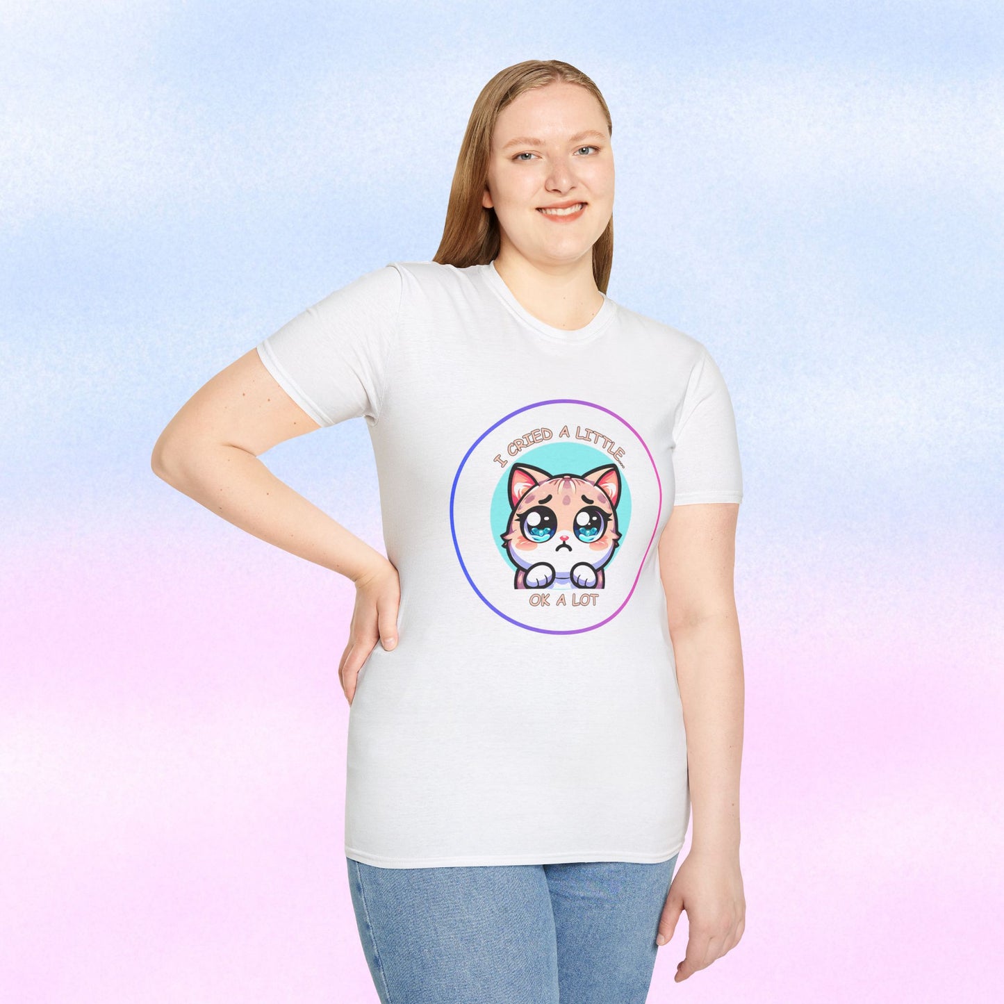 I Cried a Little.... OK a Lot - Sad Kawaii Cat Illustration T-Shirt | Cute Crying Kitty Graphic