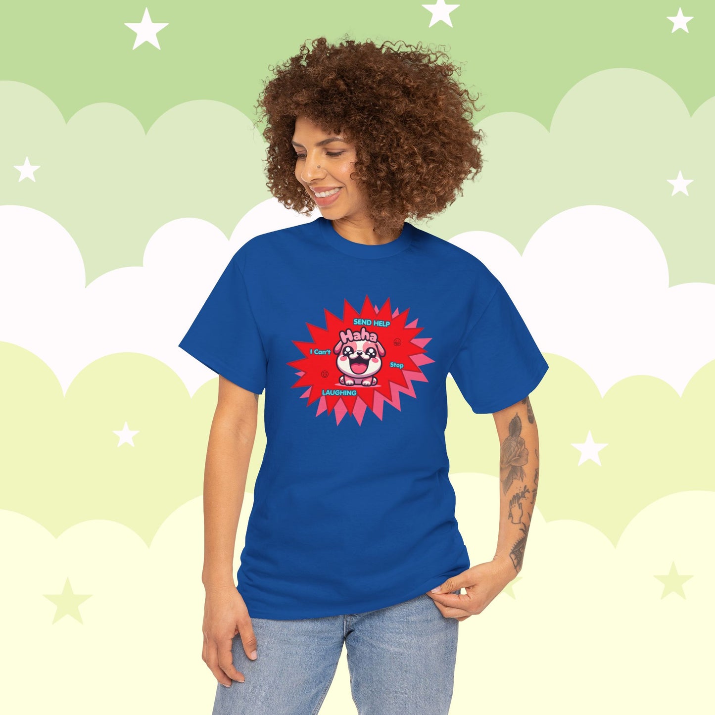 Laughing Pink Bulldog T-Shirt — "Help, I Can't Stop Laughing" Funny Emote Tee