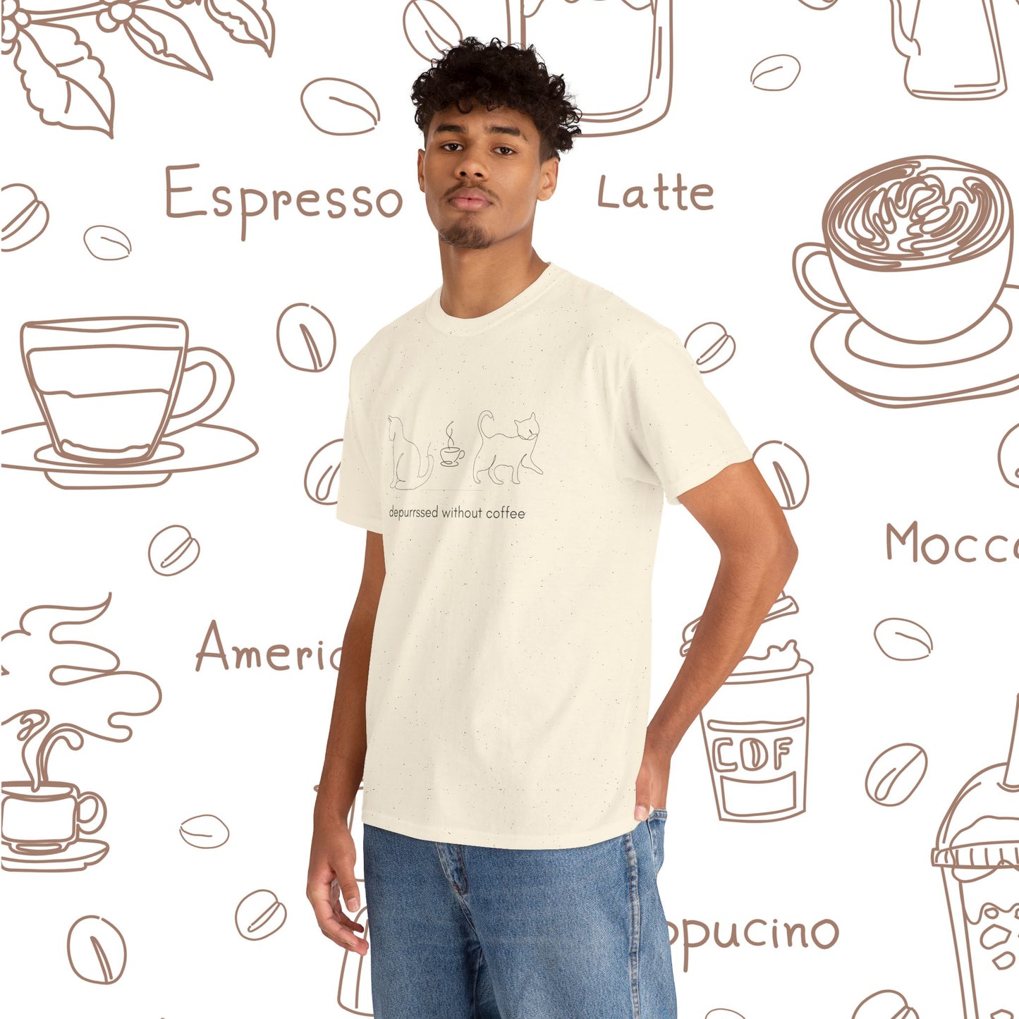 Depurrssed Without Coffee — Minimalist Caffeine Tee, Coffee Cat T‑Shirt