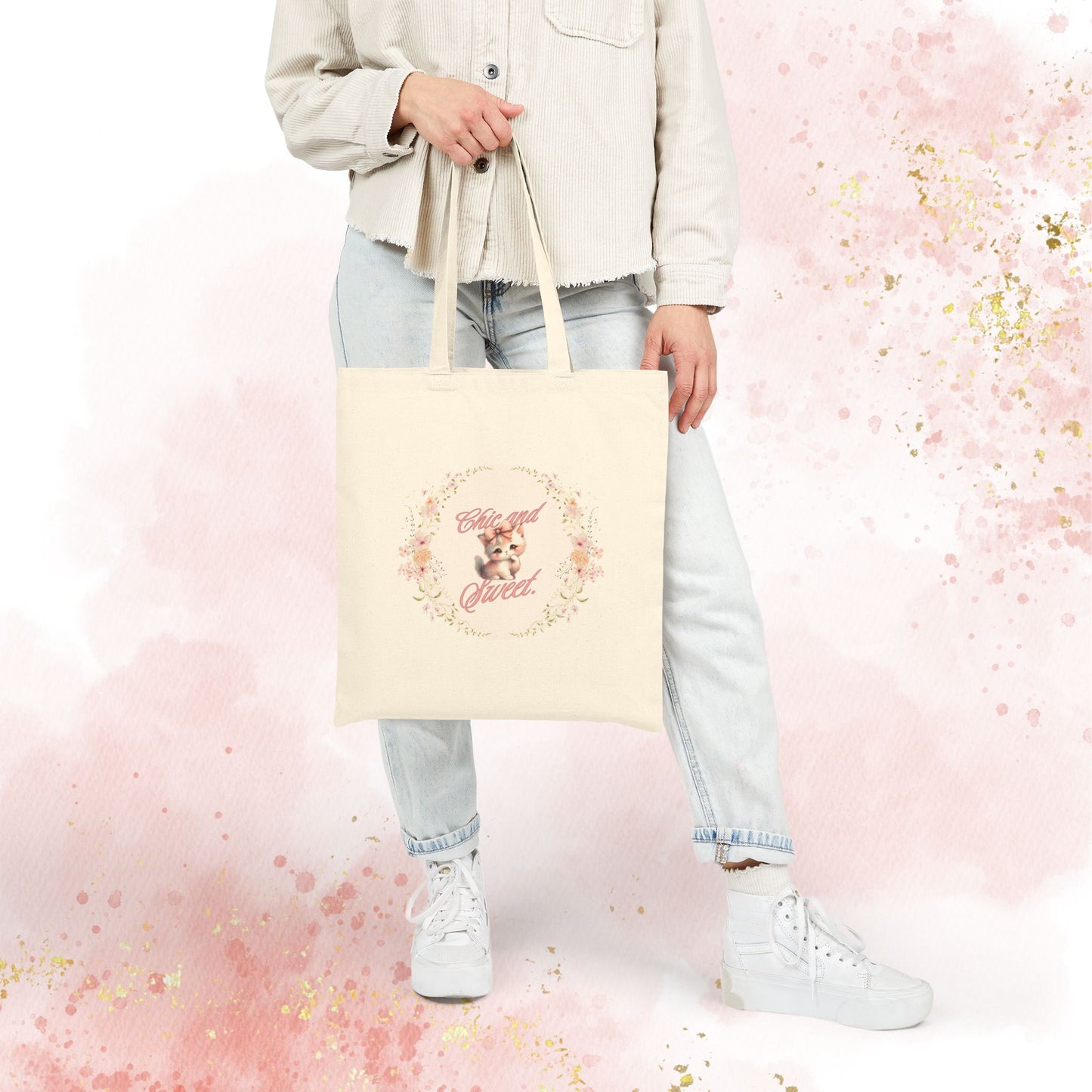 Chic & Sweet - Blushing Kitten Valentine Floral Wreath Tote Bag | Cute Kitten Animal Illustration