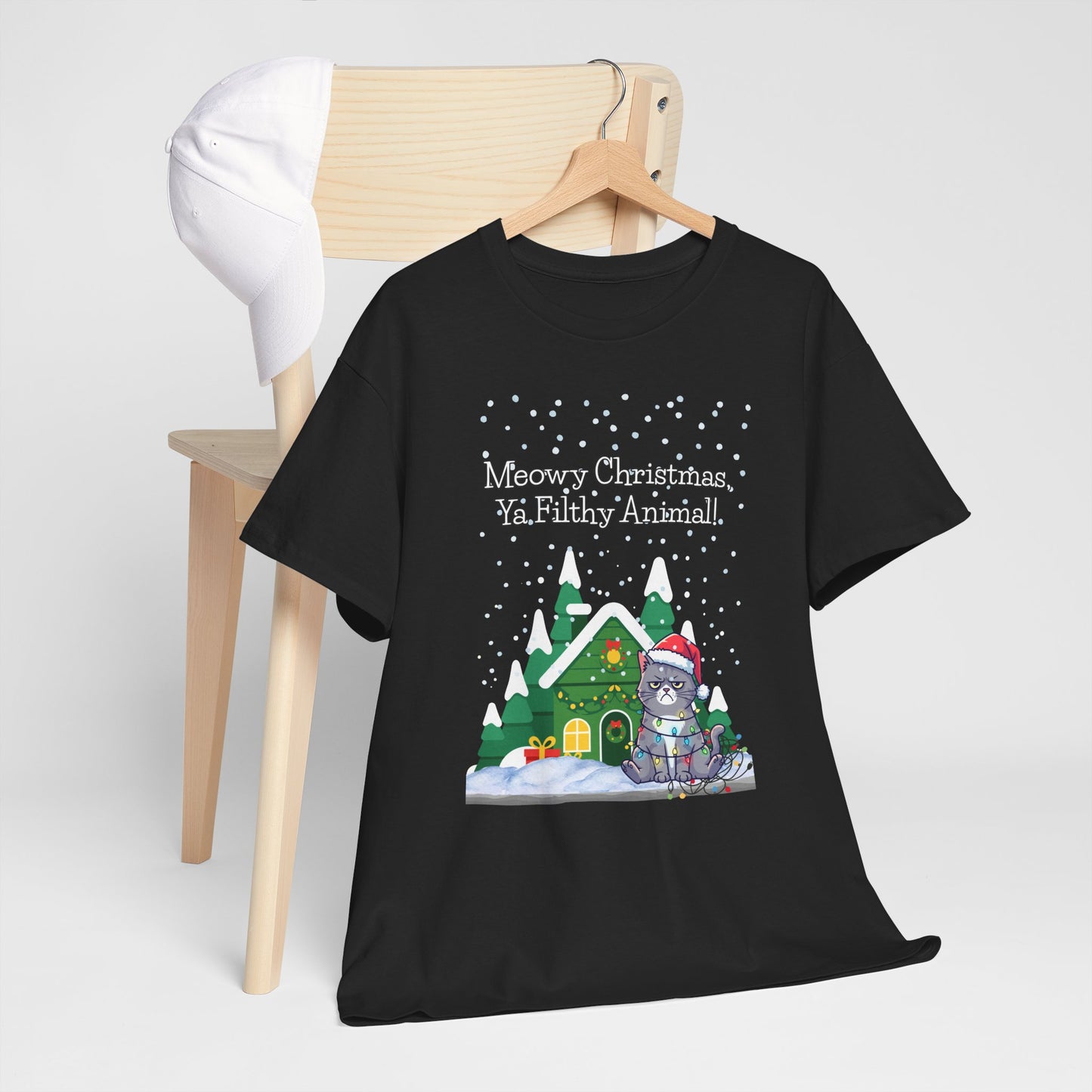 Christmas Cat T-Shirt — “Meowy Christmas Ya Filthy Animal” Holiday Tee