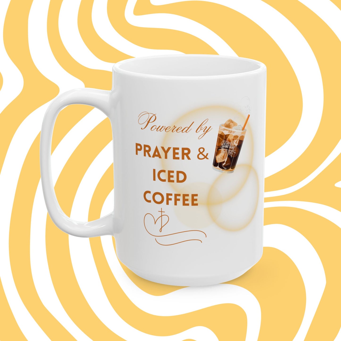 Powered by Brayer & Iced Coffee - Inspirational Christian Mug for Believers and Caffeine Enthusiast - Iced Coffee Lovers, Coffee Cup for Gift, Custom Mug, Inspirational Drinkware, Perfect for Holidays