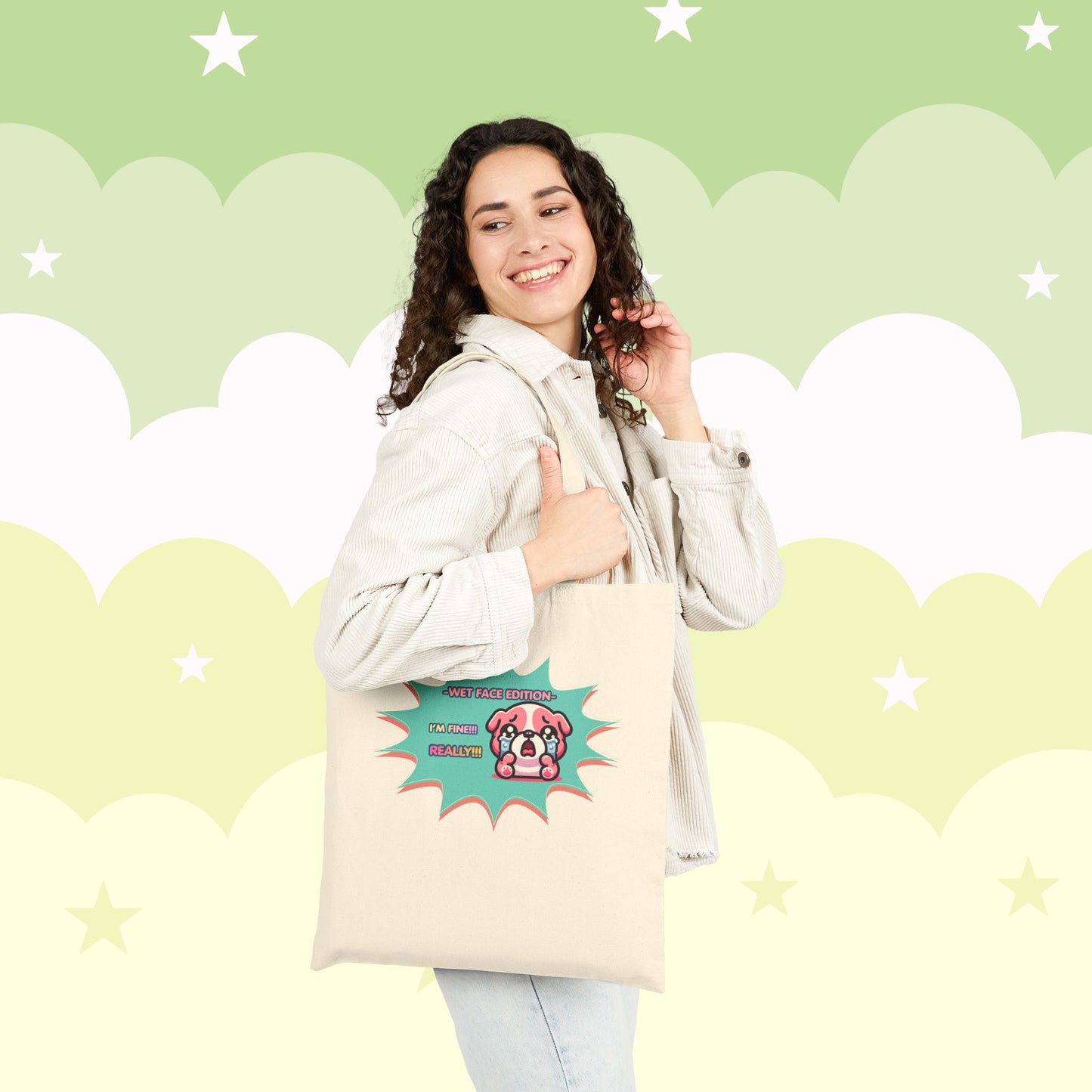 Cute Crying Pink Bulldog Tote Bag — "Wet Face Edition: I'm Fine! REALLY!!!"
