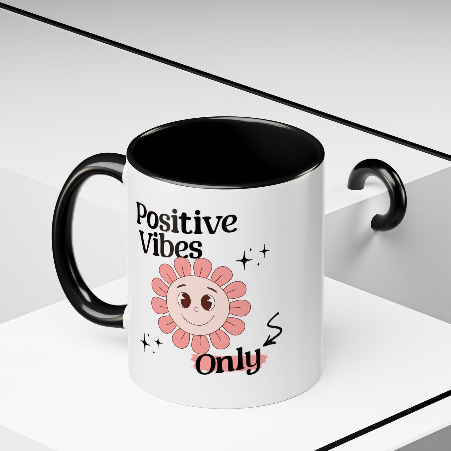 Retro Smiling Pink Flower Accent Coffee Mug — "Positive Vibes Only"