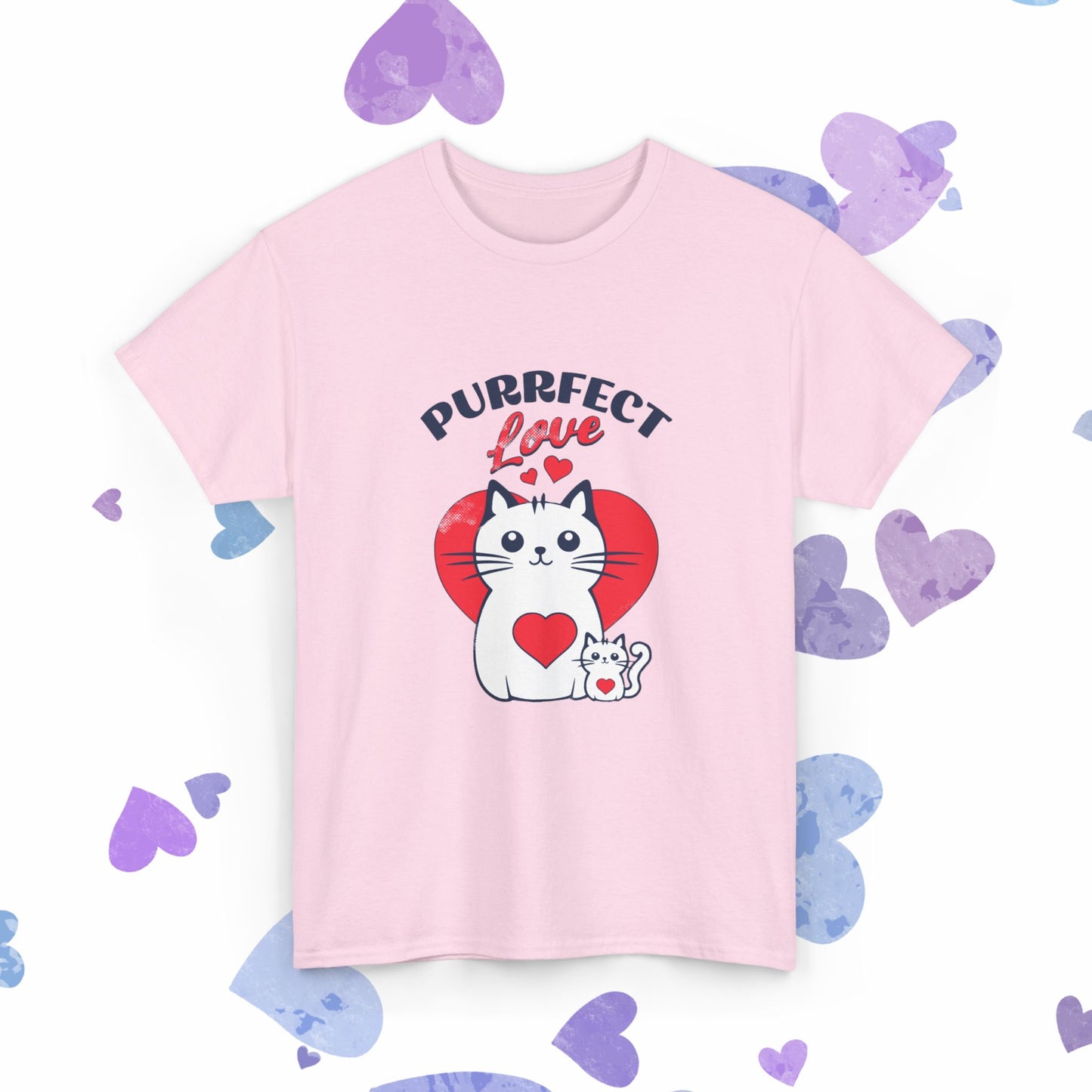 Purrfect Love Cat T-Shirt — Cute Heart Cat Graphic Tee for Cat Lovers, Valentine's Day Gift