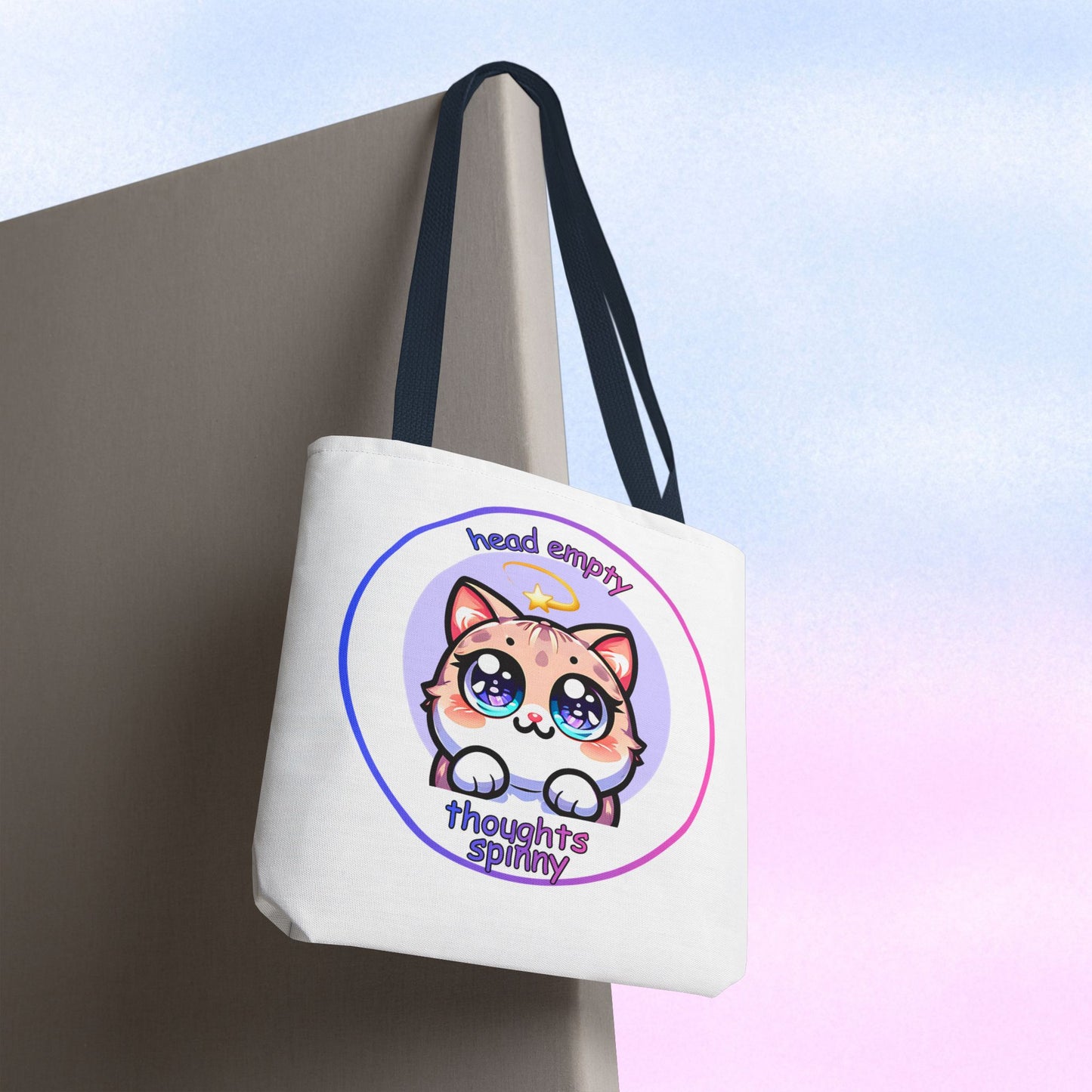 Cute Kawaii Dizzy Cat Tote Bag — "head empty. thoughts spinny."