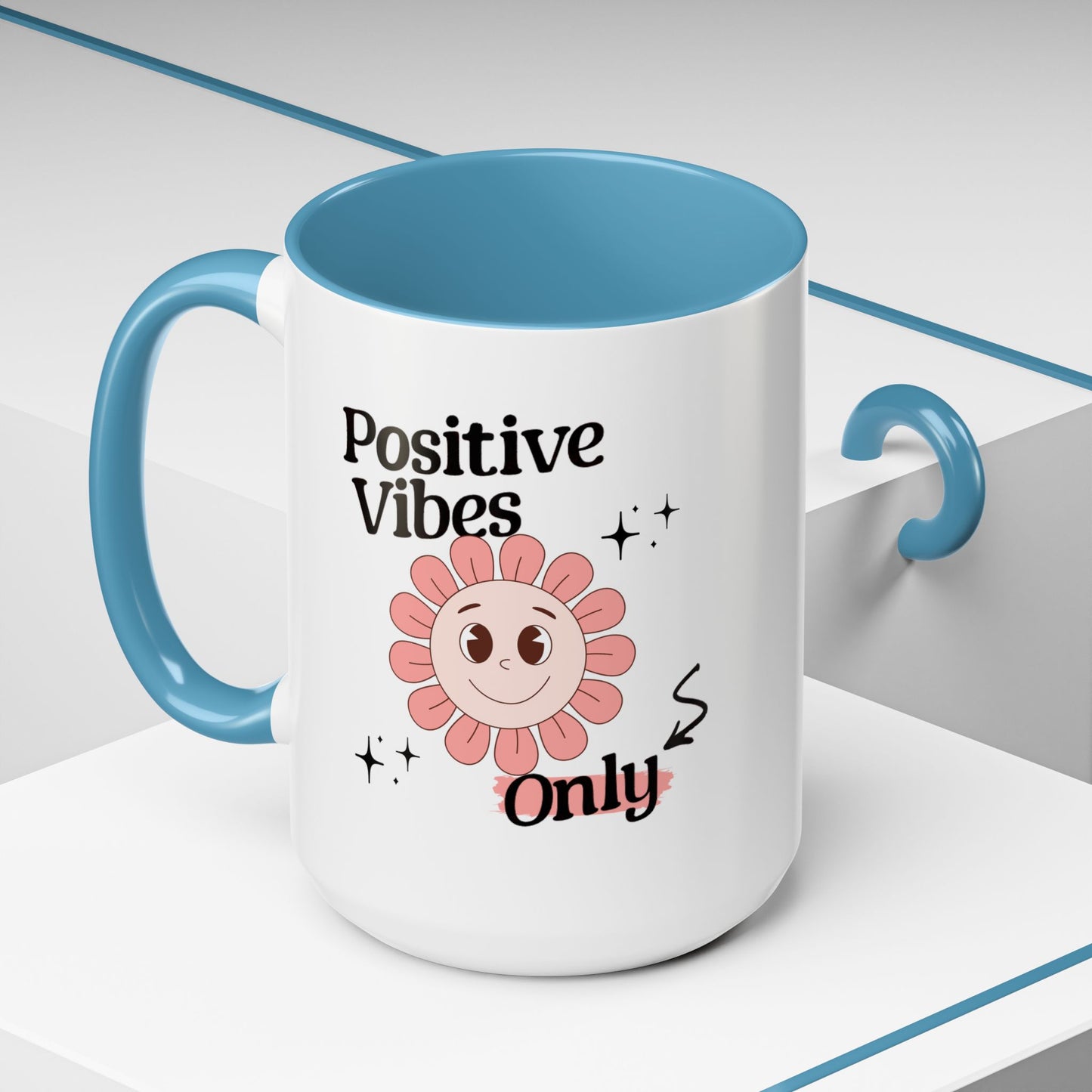 Retro Smiling Pink Flower Accent Coffee Mug — "Positive Vibes Only"