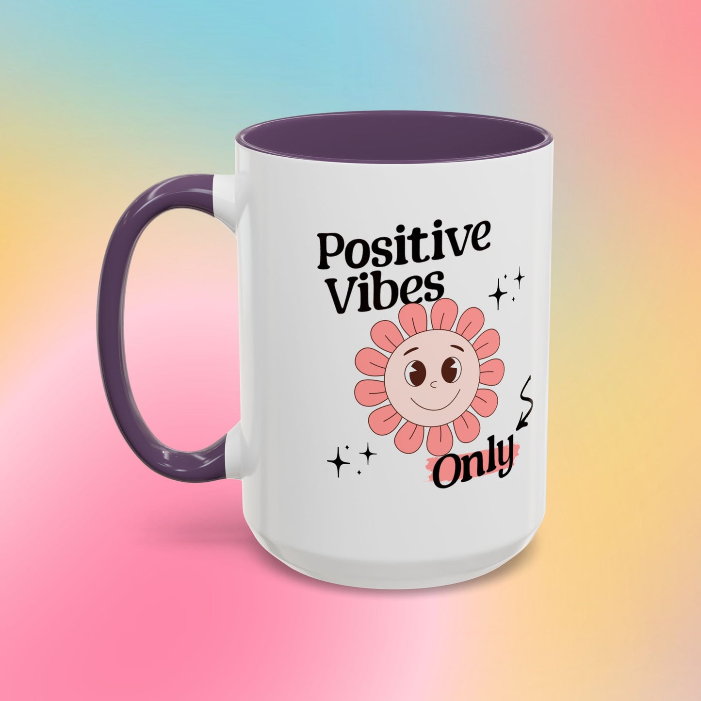 Retro Smiling Pink Flower Accent Coffee Mug — "Positive Vibes Only"