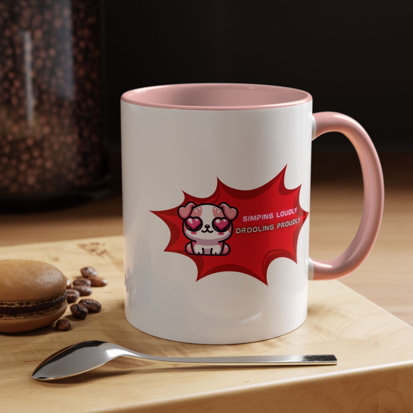 Cute Pink Bulldog Coffee Mug — “Simping Loudly, Drooling Proudly” Kawaii Heart-Eyed