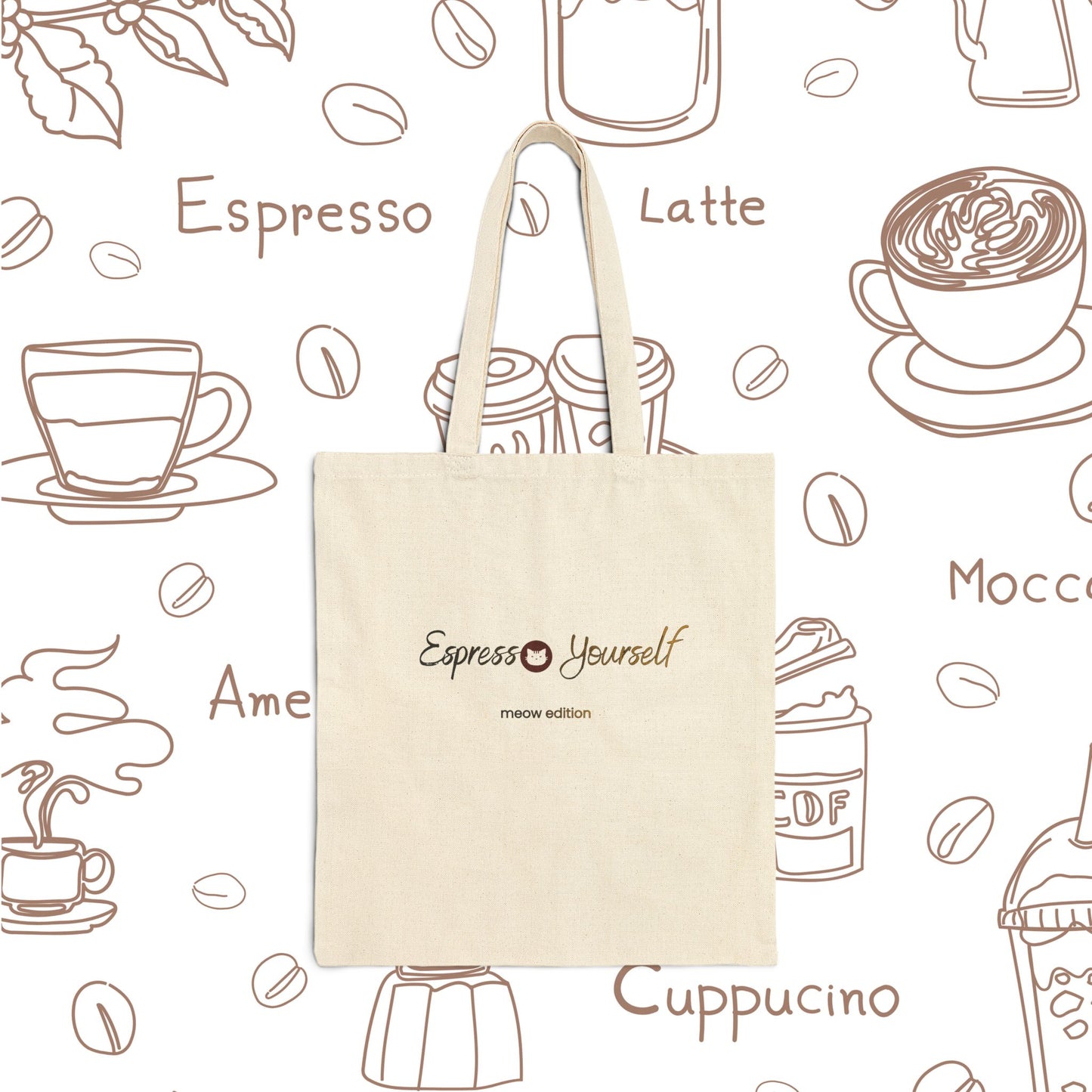 Espresso Yourself Meow Edition Coffee Cat Canvas Tote — Espresso Lover Cotton Bag