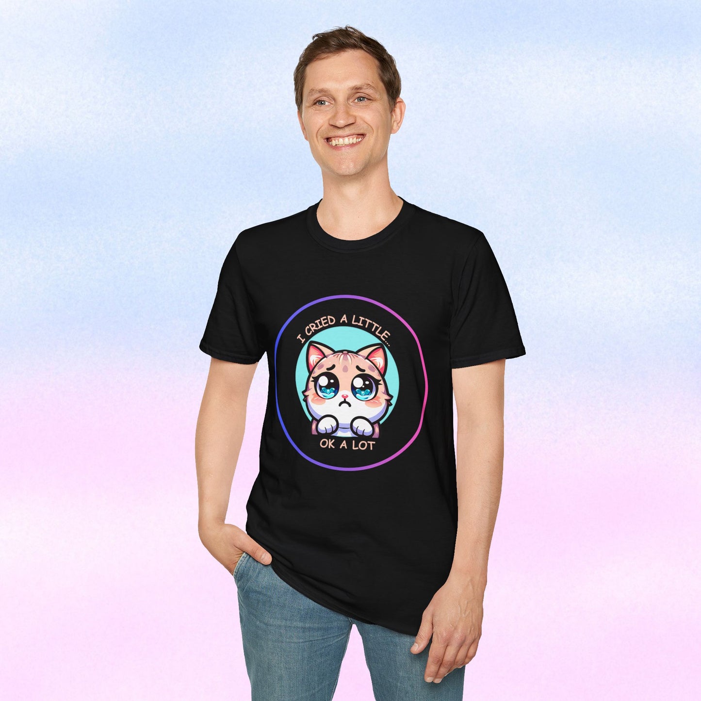 I Cried a Little.... OK a Lot - Sad Kawaii Cat Illustration T-Shirt | Cute Crying Kitty Graphic
