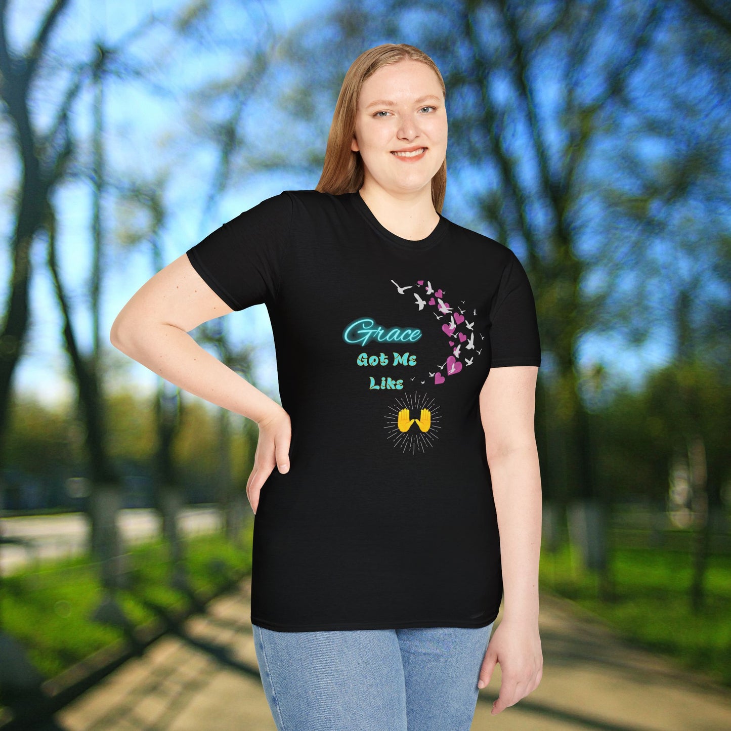 Grace Got Me Like🙌 Spiritual T-Shirt - Funny Faith Graphic Tee for Blessed Vibes, Uplifting Gift for Friends, Motivational Apparel