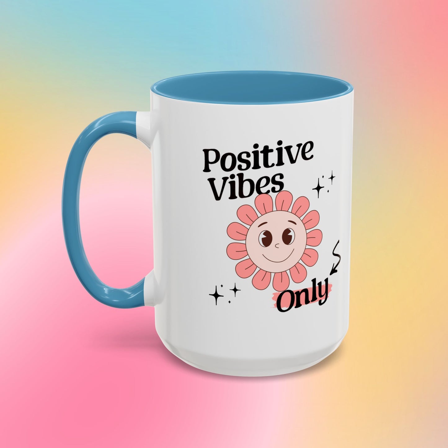 Retro Smiling Pink Flower Accent Coffee Mug — "Positive Vibes Only"