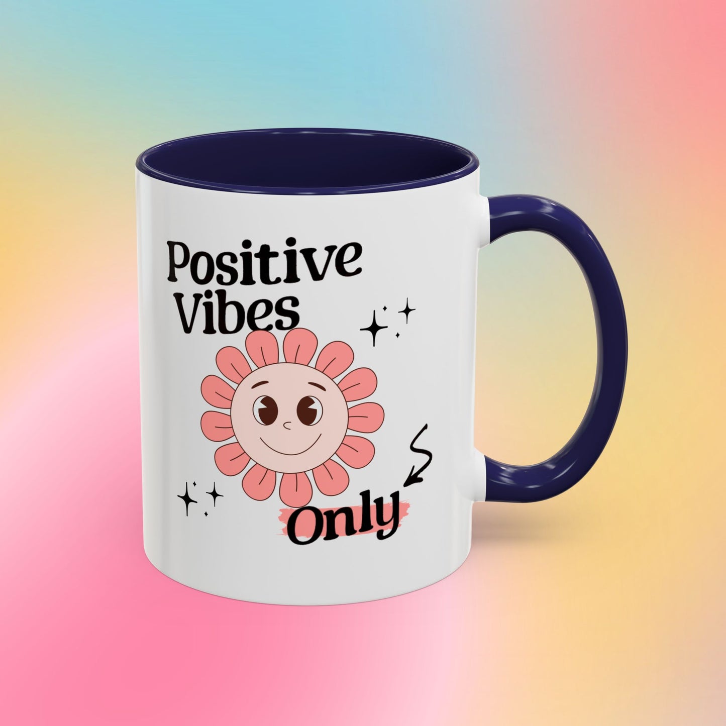 Retro Smiling Pink Flower Accent Coffee Mug — "Positive Vibes Only"