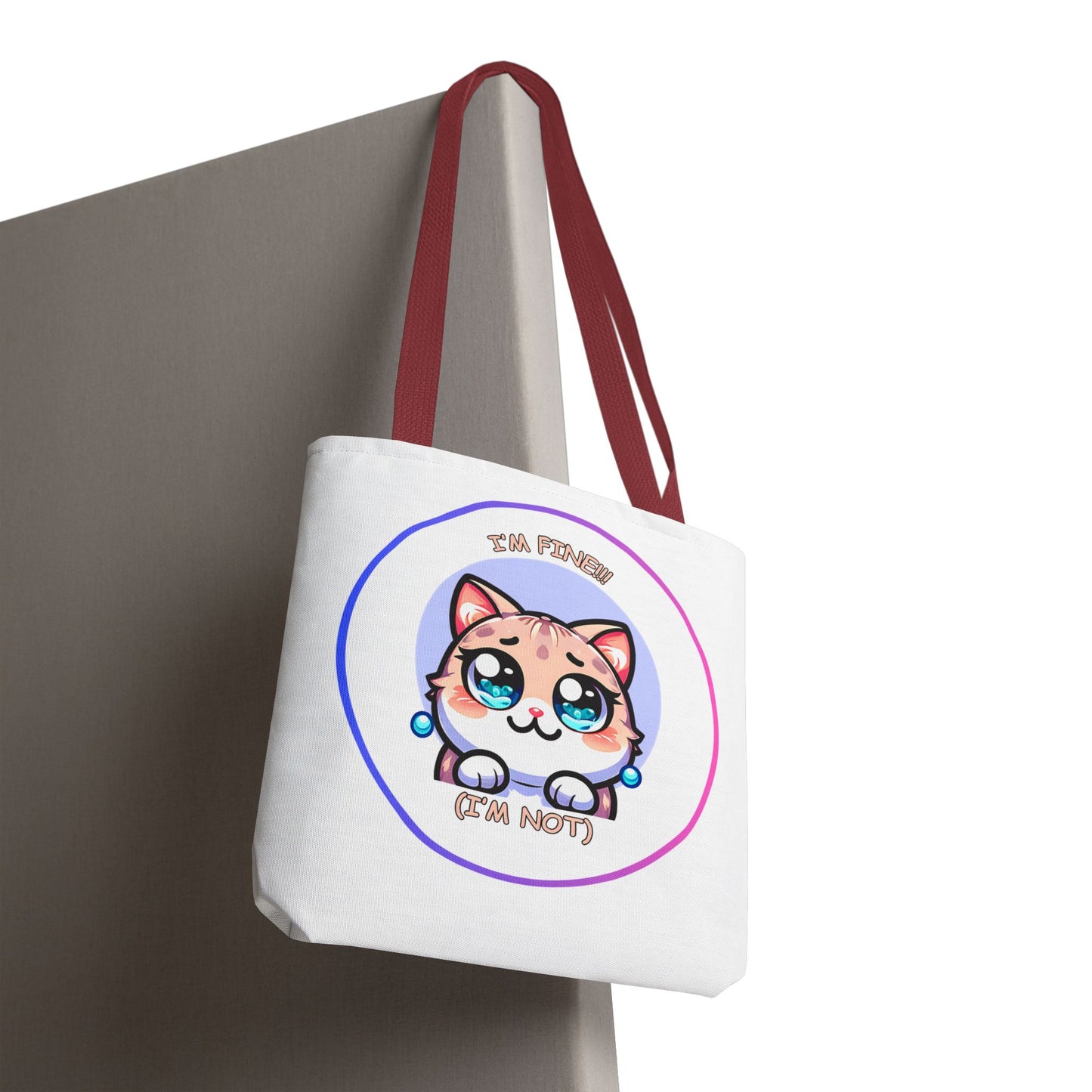 Cute Kawaii Cat Meltdown Emote Tote Bag — "I’m Fine(I'm Not)" Graphic Tote